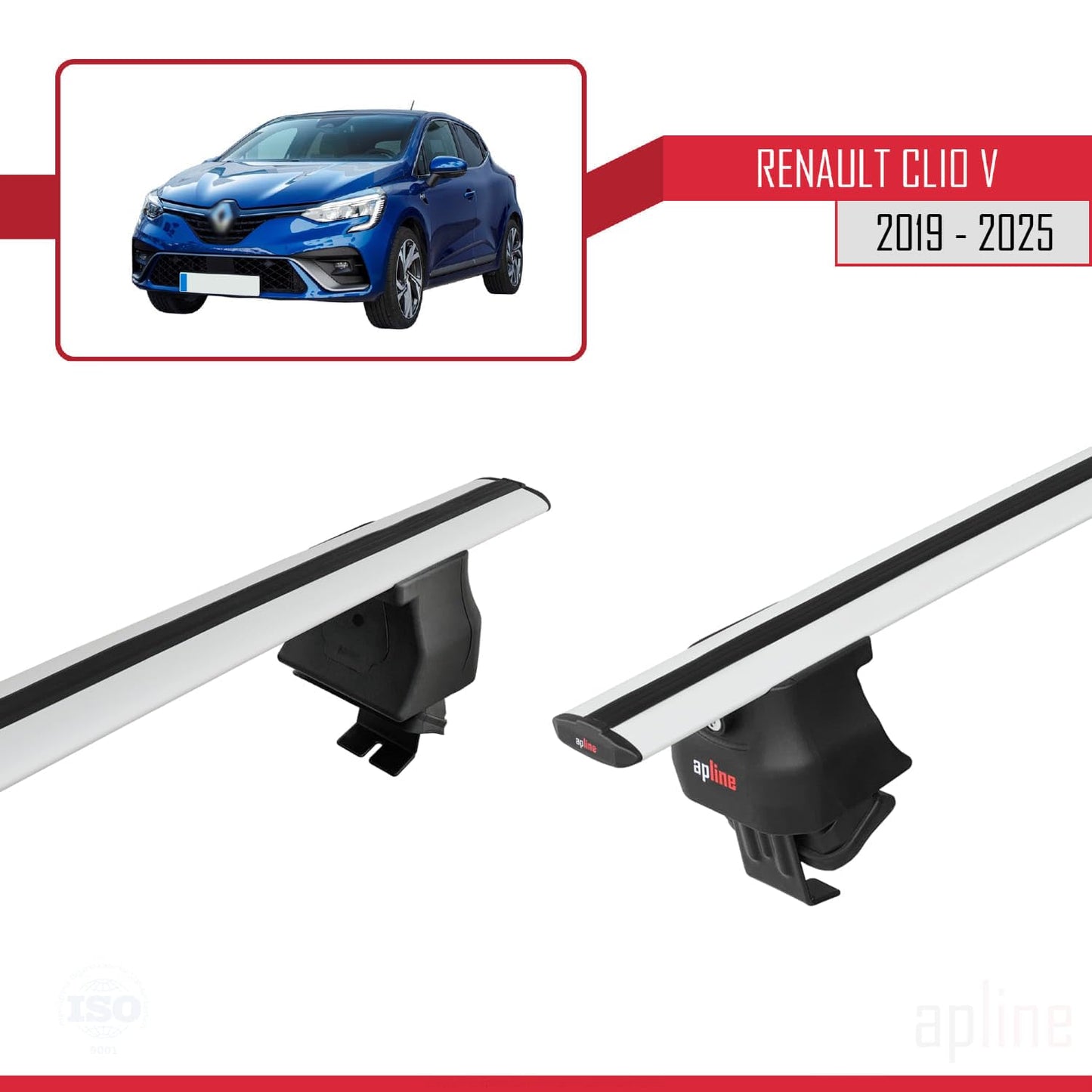Compatible with Renault Clio 5 2019-2025 ACE-4 Car Roof Rack Cross Bar Grey Aluminium 2 Bars