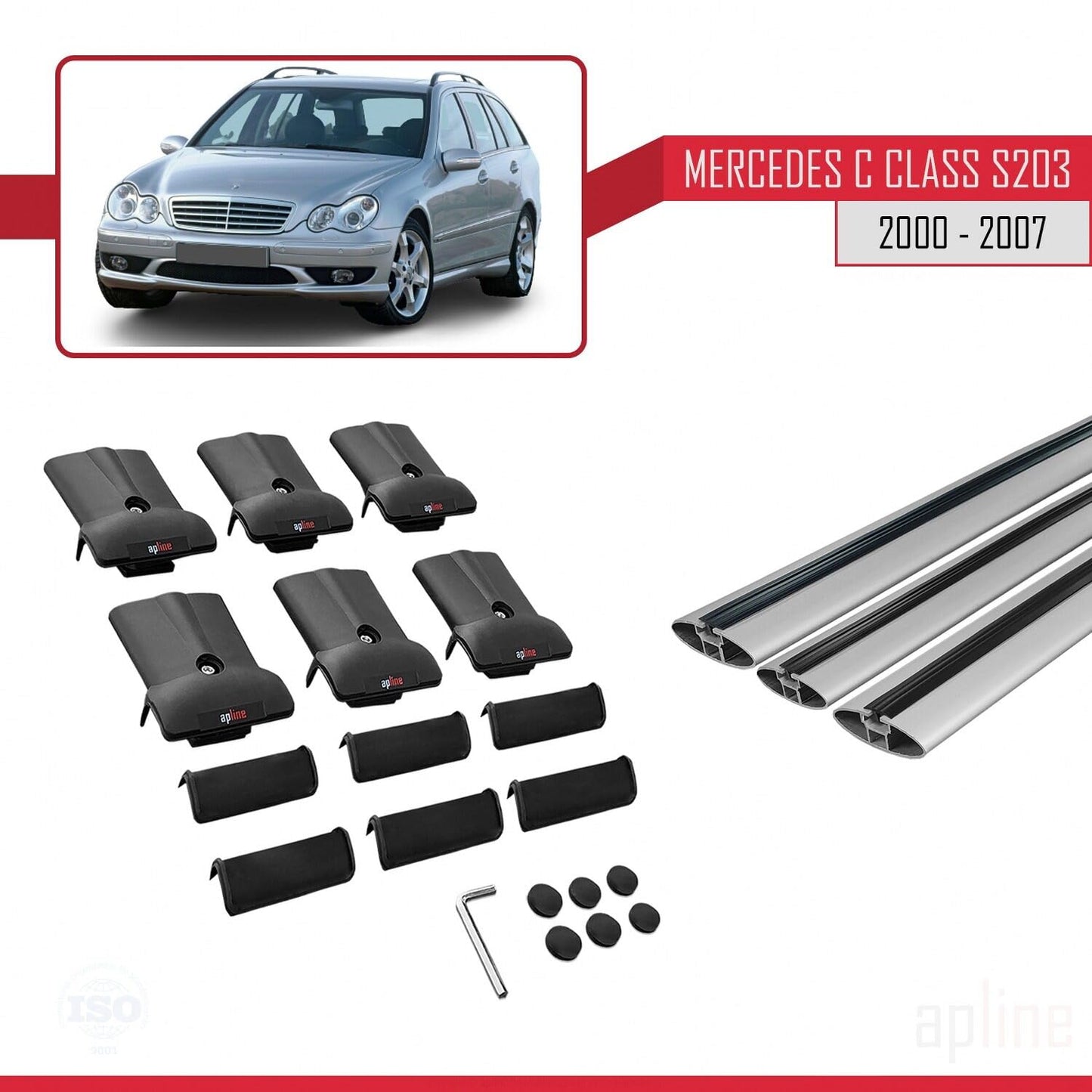 Compatible with Mercedes C Class 2 (S203) 2000-2007 Fly Model Car Roof Rack Cross Bar Grey Aluminium 3 Bars
