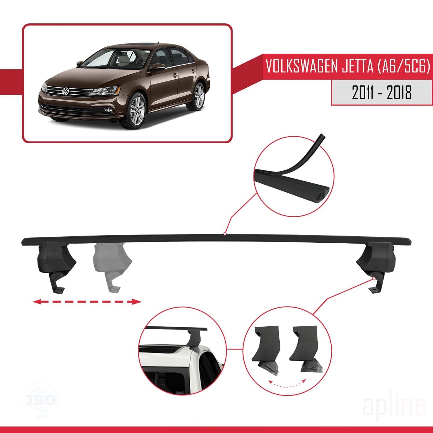 Compatible with Volkswagen Jetta 6 (5C6) 2011-2018 ACE-4 Car Roof Rack Cross Bar Black Aluminium 2 Bars