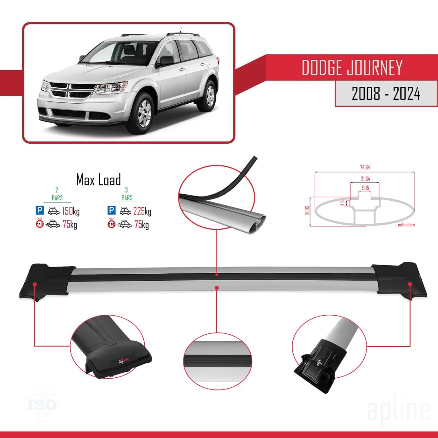 Compatible with Dodge Journey 2008-2024 Fly Model Car Roof Rack Cross Bar Grey Aluminium 2 Bars