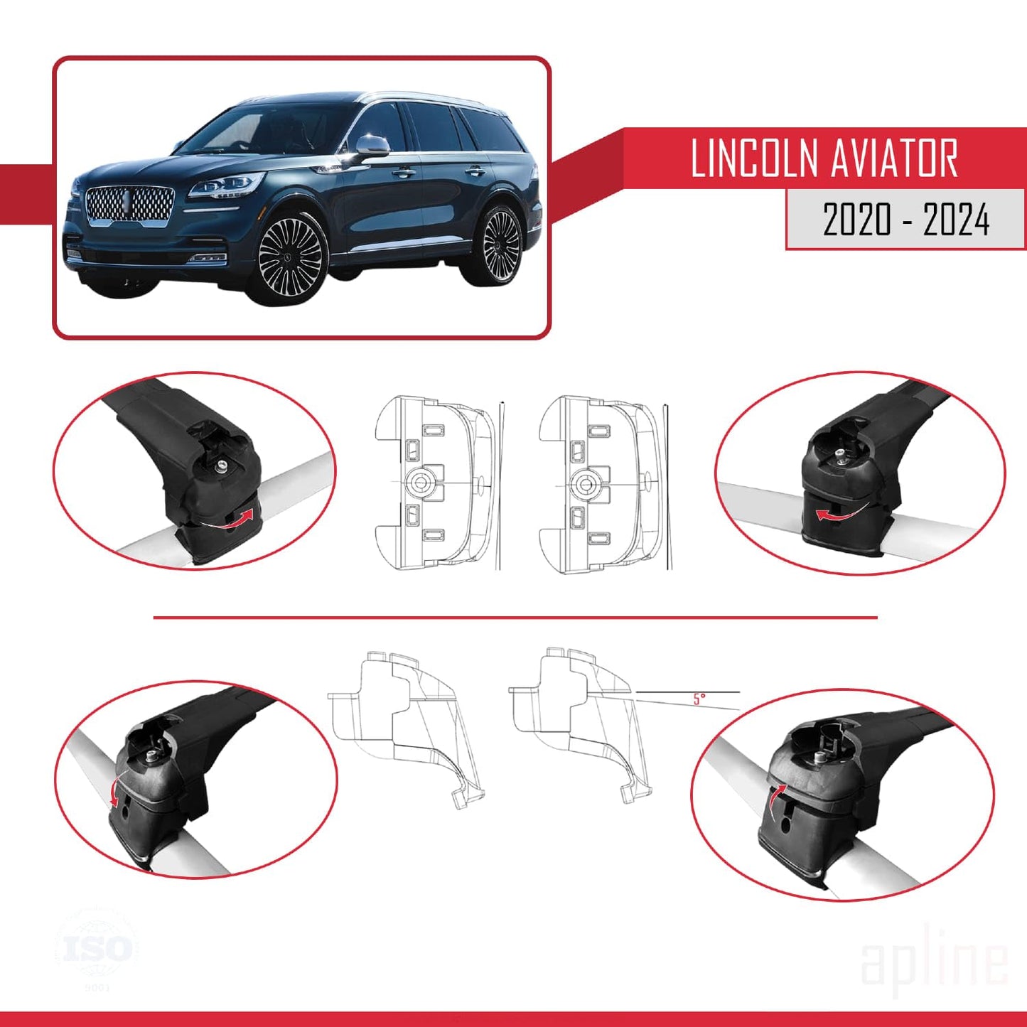 Compatible with Lincoln Aviator 2020-2024 ACE-2 Car Roof Rack Cross Bar Black Aluminium 2 Bars