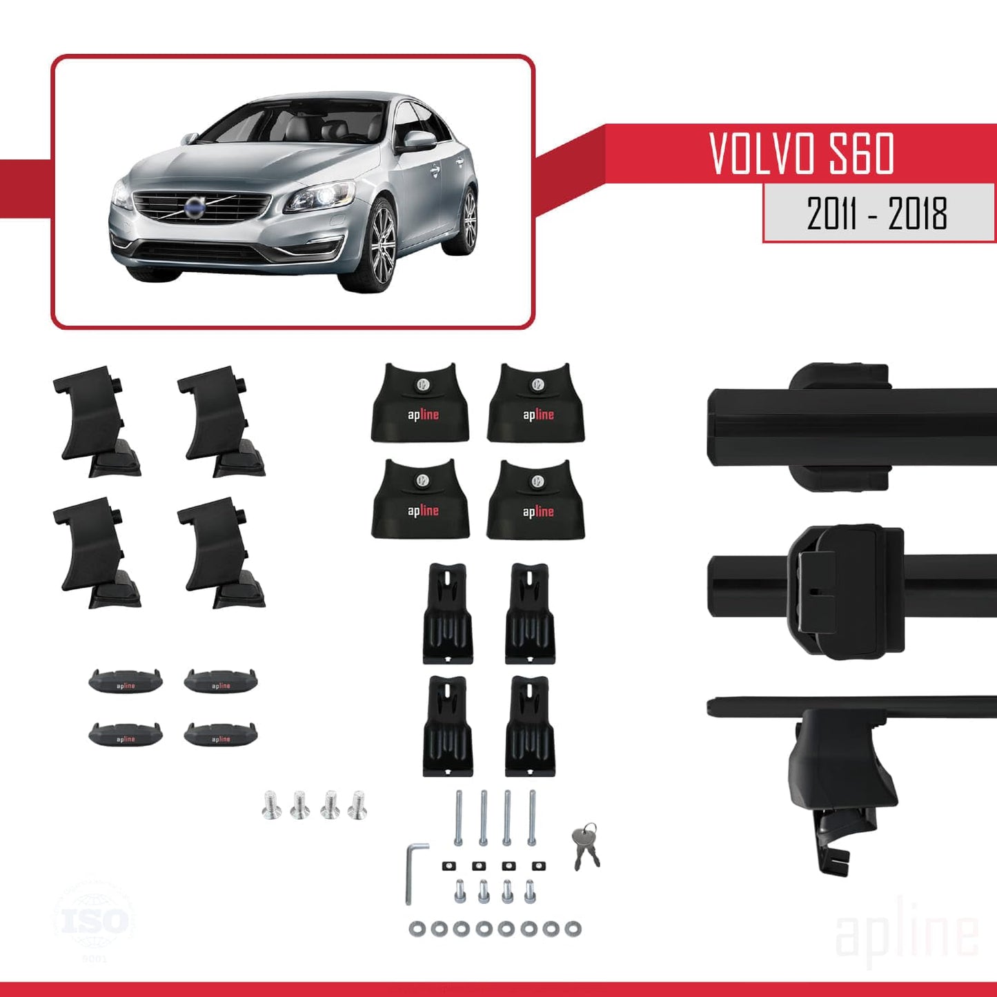 Compatible with Volvo S60 II 2011-2018 ACE-4 Car Roof Rack Cross Bar Black Aluminium 2 Bars