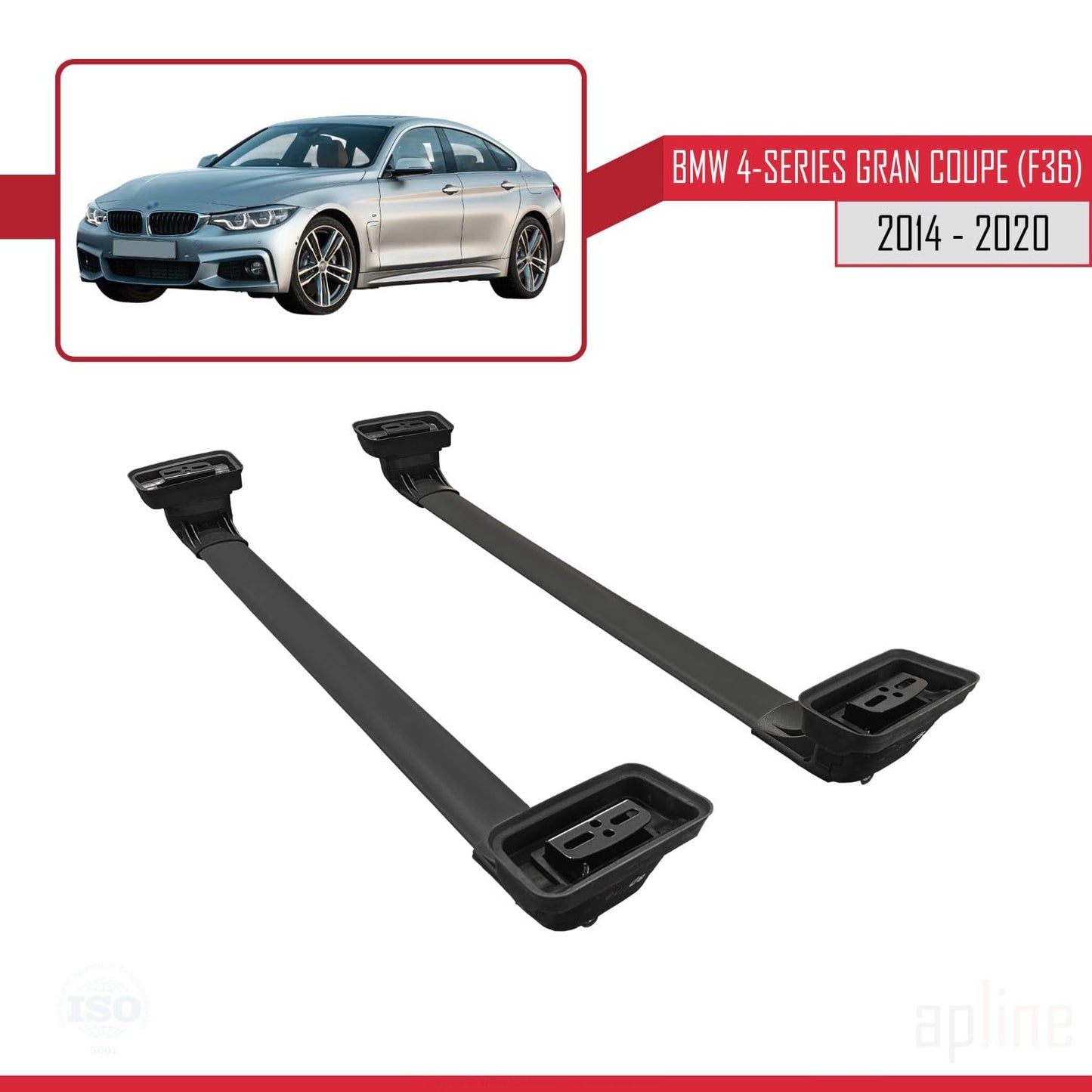 Compatible with BMW 4 Series Gran Coupe (F36) 2014-2020 ACE-3 Car Roof Rack Cross Bar Black Aluminium 2 Bars