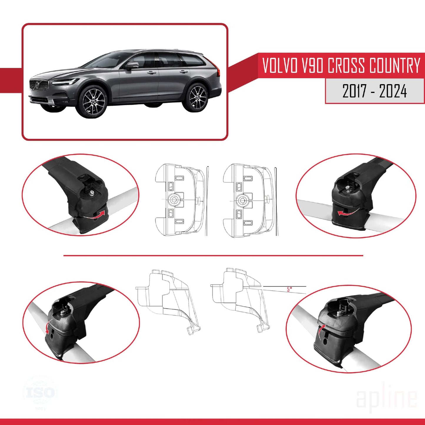 Compatible with Volvo V90 Cross Country 2017-2024 ACE-2 Car Roof Rack Cross Bar Black Aluminium 2 Bars