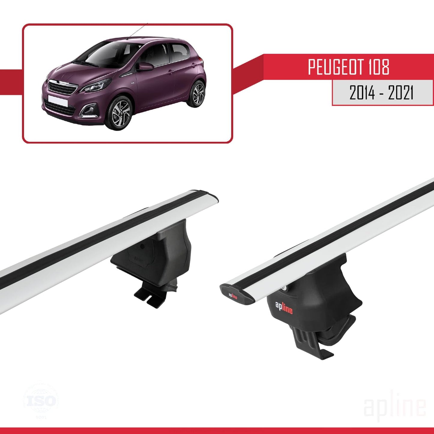 Compatible with Peugeot 108 2014-2021 ACE-4 Car Roof Rack Cross Bar Grey Aluminium 2 Bars