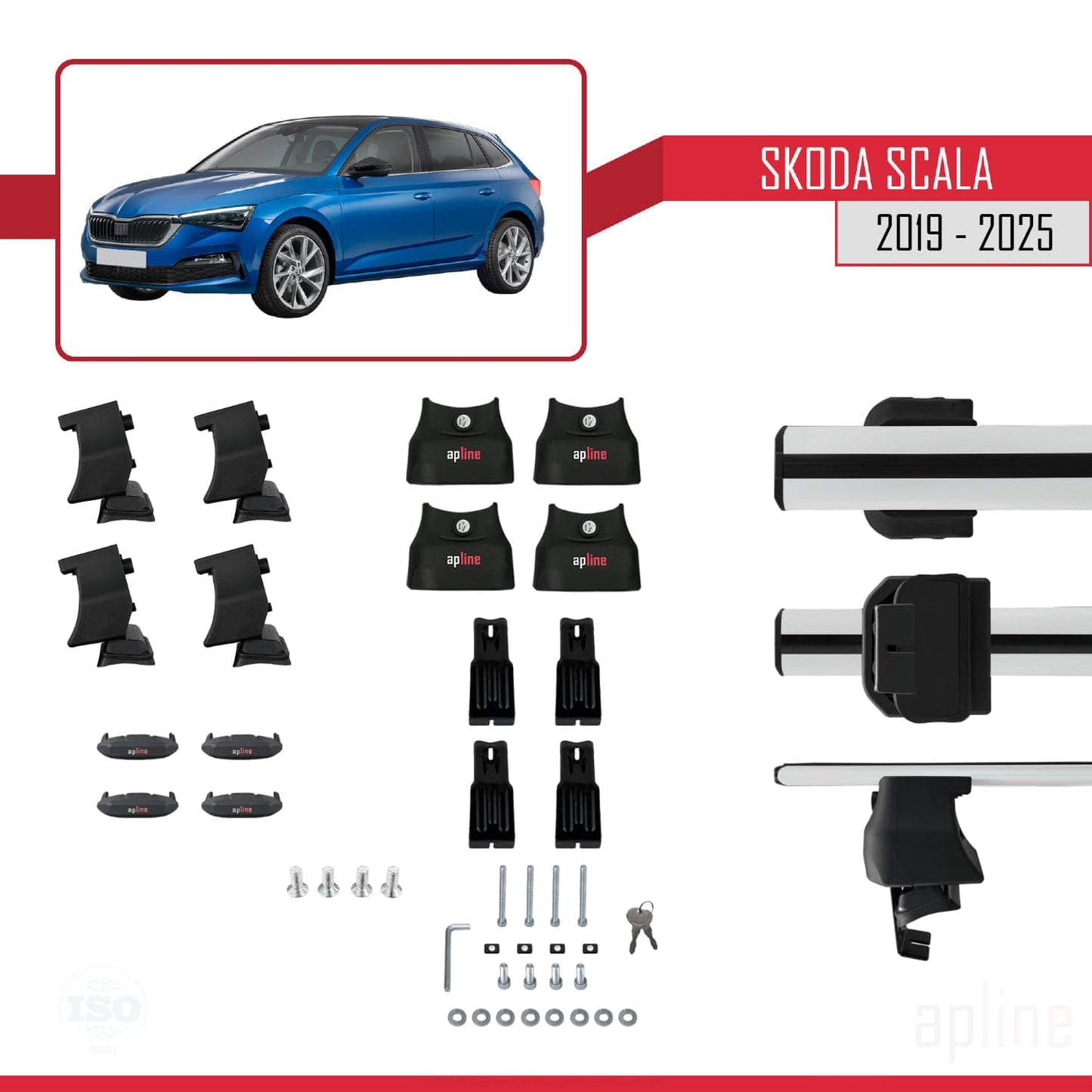 Compatible with Skoda Scala 2019-2025 ACE-4 Car Roof Rack Cross Bar Grey Aluminium 2 Bars