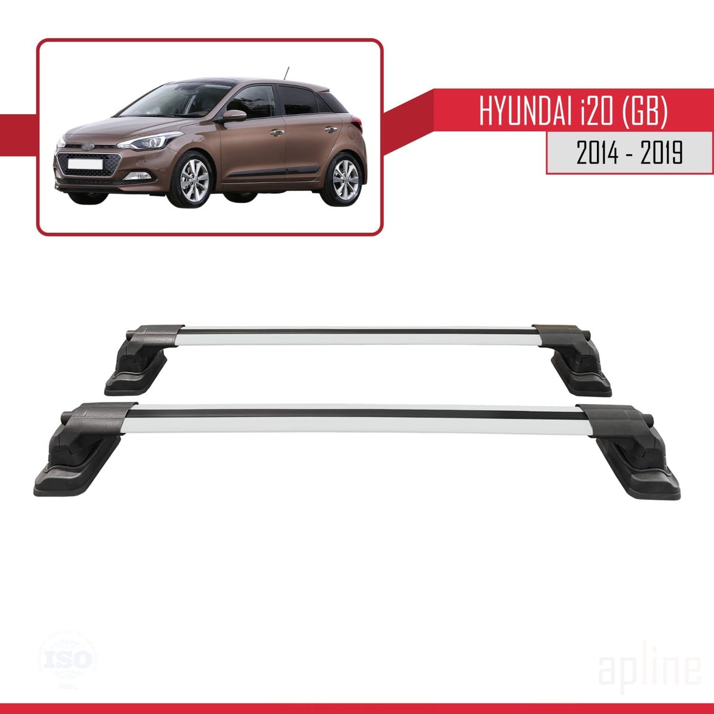 Compatible with Hyundai i20 (GB) 2014-2019 ACE-3 Car Roof Rack Cross Bar Grey Aluminium 2 Bars