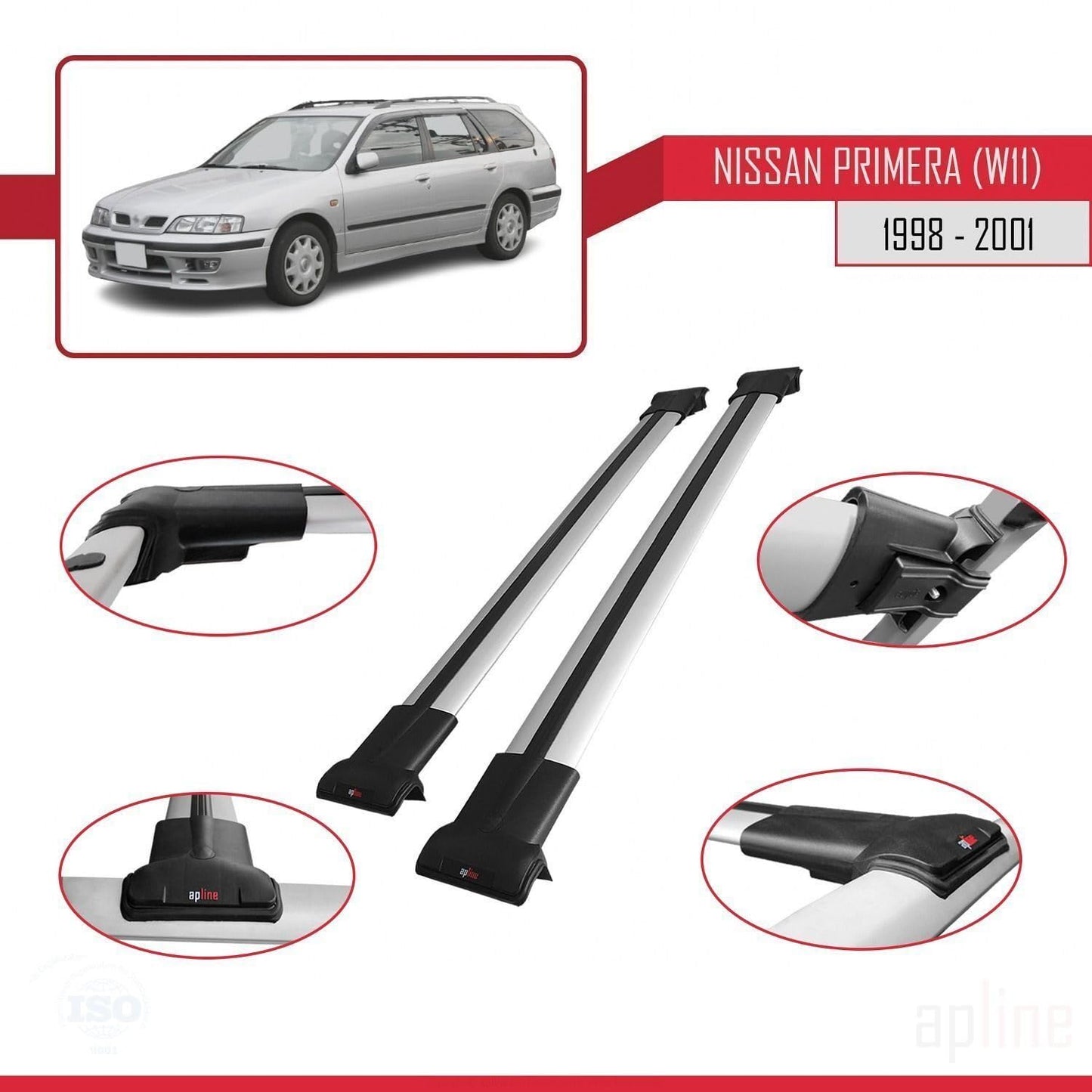 Compatible with Nissan Primera 2 (W11) Traveller 1998-2001 Fly Model Car Roof Rack Cross Bar Grey Aluminium 2 Bars