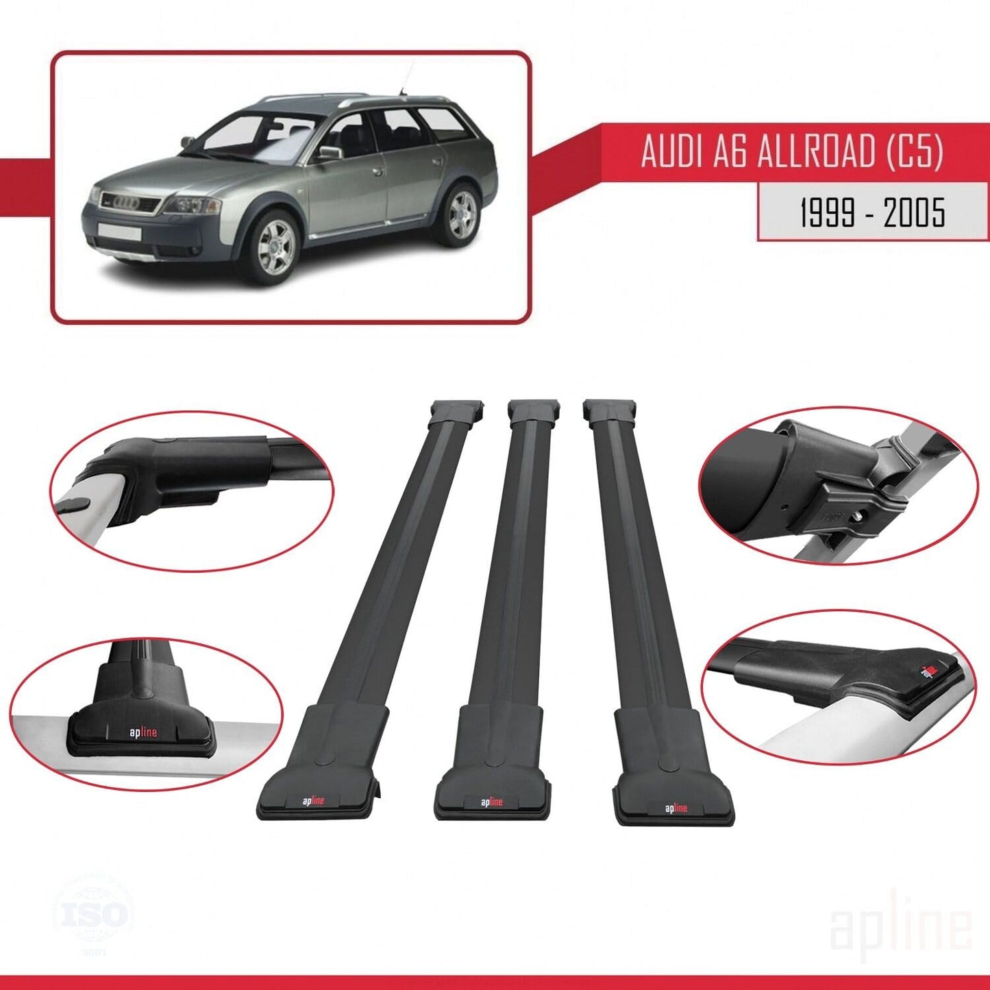 Compatible with Audi A6 (C5) Allroad 1999-2005 Fly Model Car Roof Rack Cross Bar Black Aluminium 3 Bars