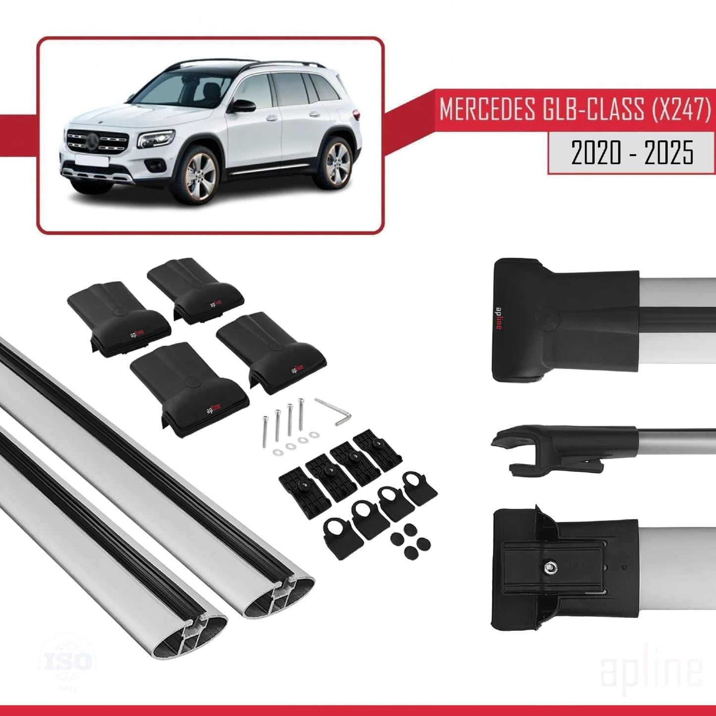 Compatible with Mercedes GLB Class (X247) 2020-2025 Fly Model Car Roof Rack Cross Bar Grey Aluminium 2 Bars