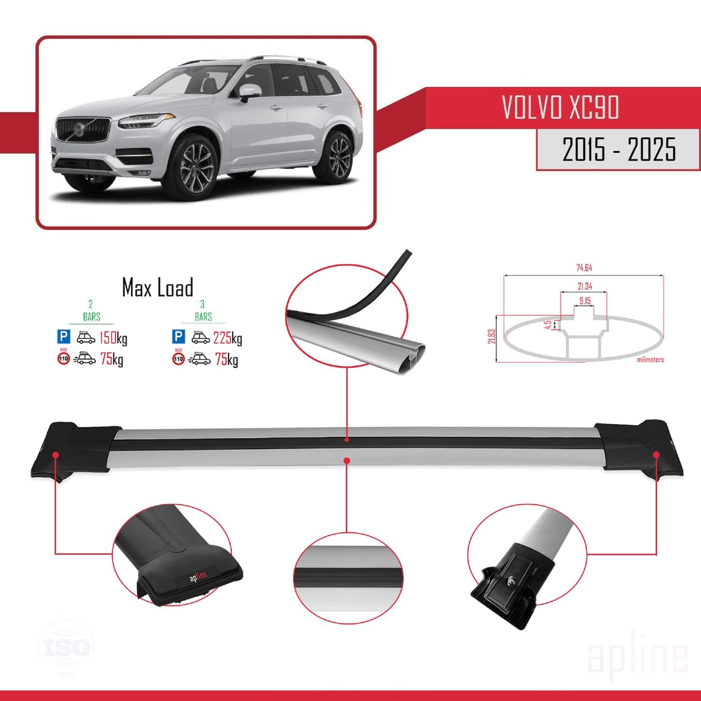 Compatible with Volvo XC90 II 2015-2025 Fly Model Car Roof Rack Cross Bar Grey Aluminium 2 Bars