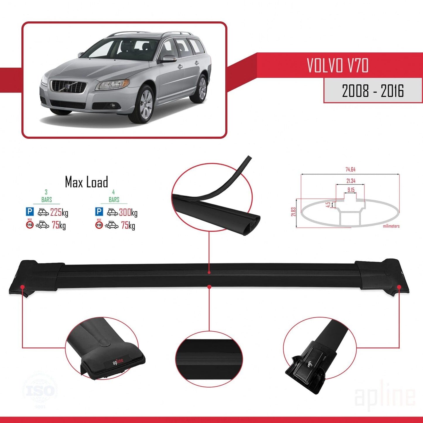Compatible with Volvo V70 III 2008-2016 Fly Model Car Roof Rack Cross Bar Black Aluminium 3 Bars