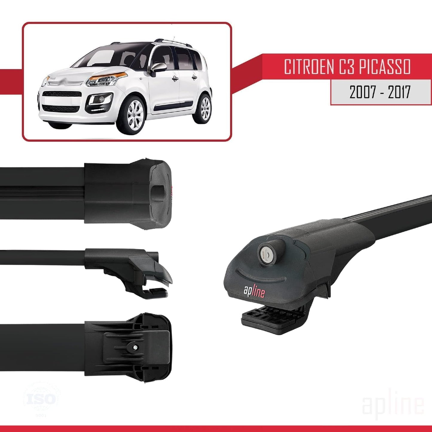 Compatible with Citroen C3 Picasso 2009-2017 ACE-1 Car Roof Rack Cross Bar Black Aluminium 2 Bars