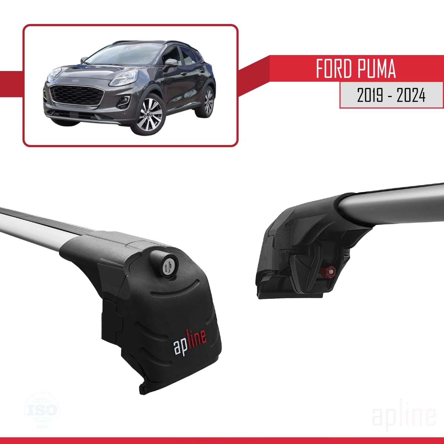 Compatible with Ford Puma 2019-2024 ACE-2 Car Roof Rack Cross Bar Grey Aluminium 2 Bars