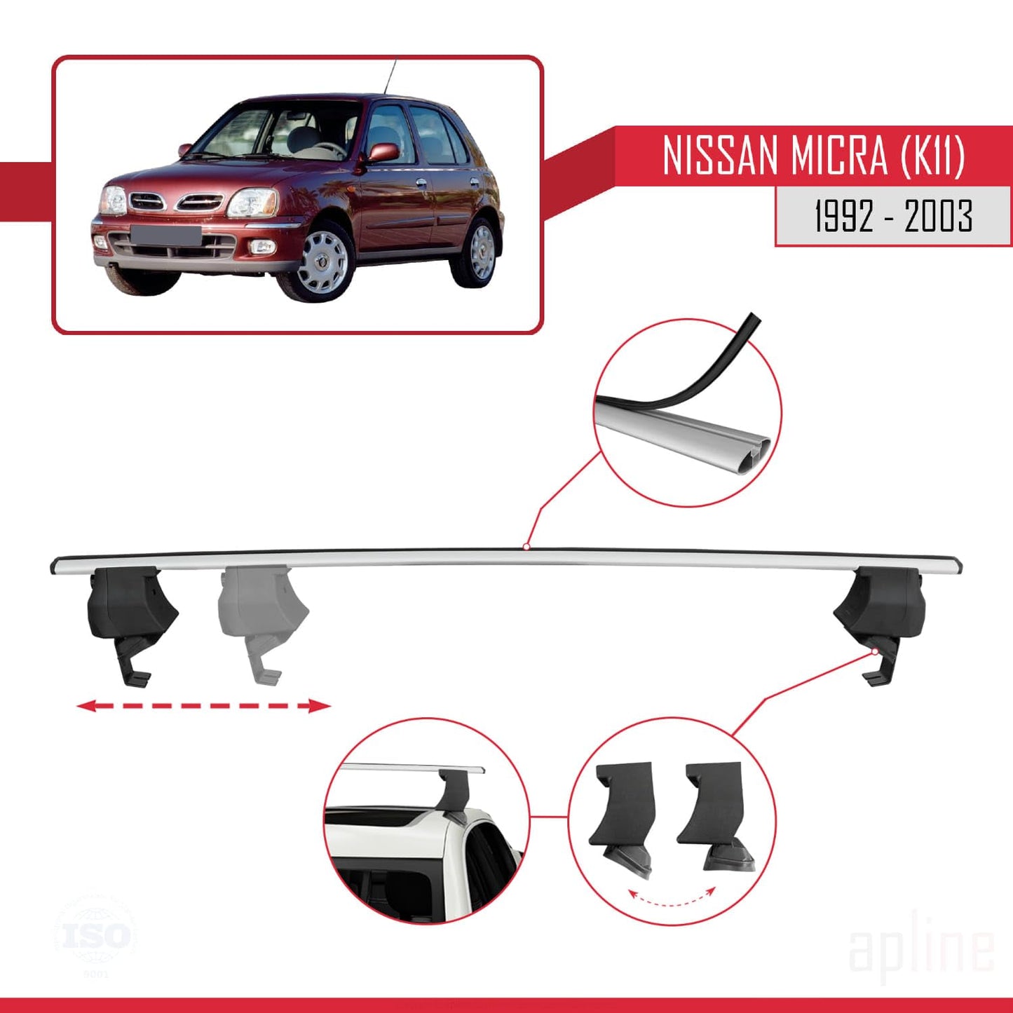 Compatible with Nissan Micra 2 (K11) 1992-2003 ACE-4 Car Roof Rack Cross Bar Grey Aluminium 2 Bars