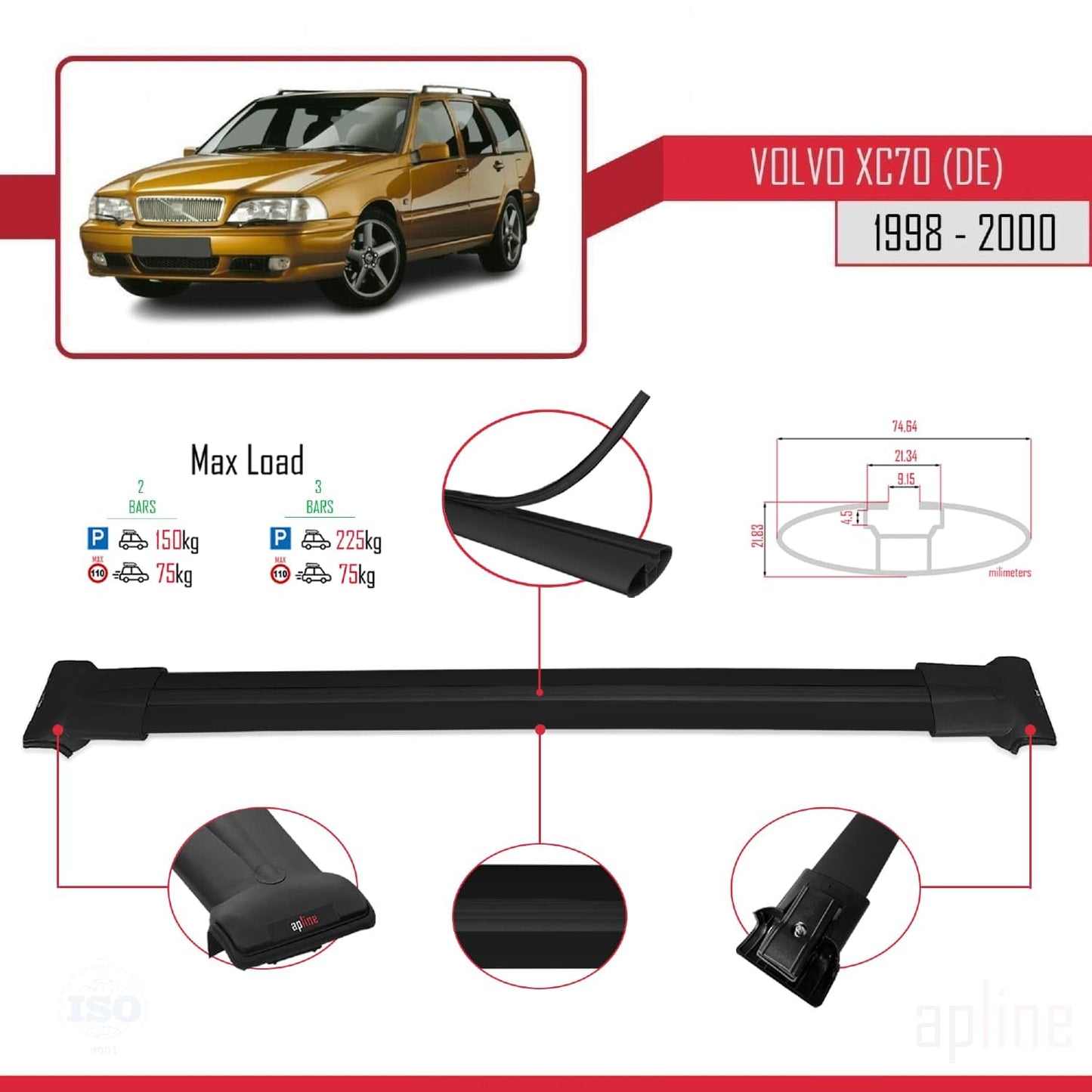 Compatible with Volvo XC70 1998-2000 Fly Model Car Roof Rack Cross Bar Black Aluminium 2 Bars