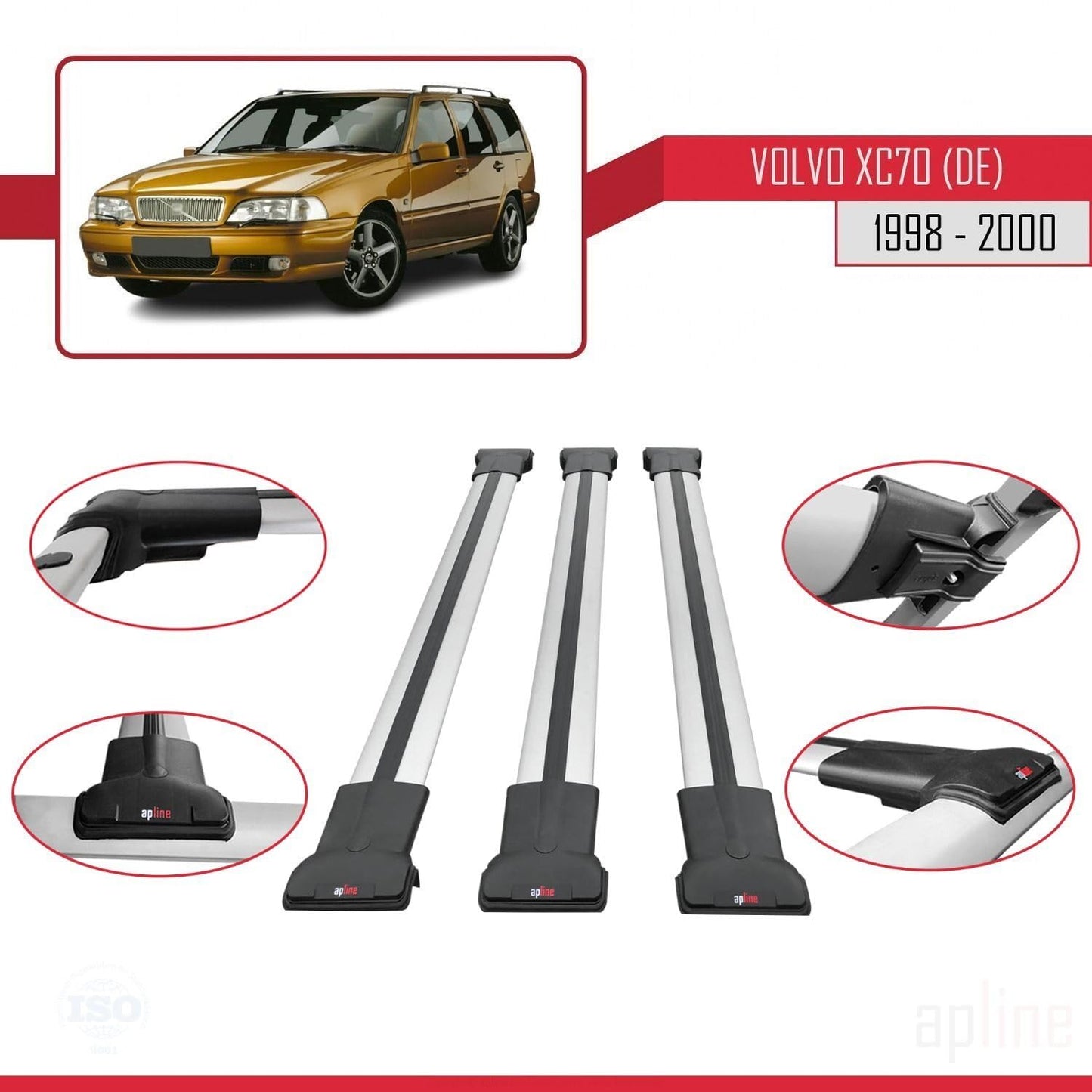 Compatible with Volvo XC70 1998-2000 Fly Model Car Roof Rack Cross Bar Grey Aluminium 3 Bars