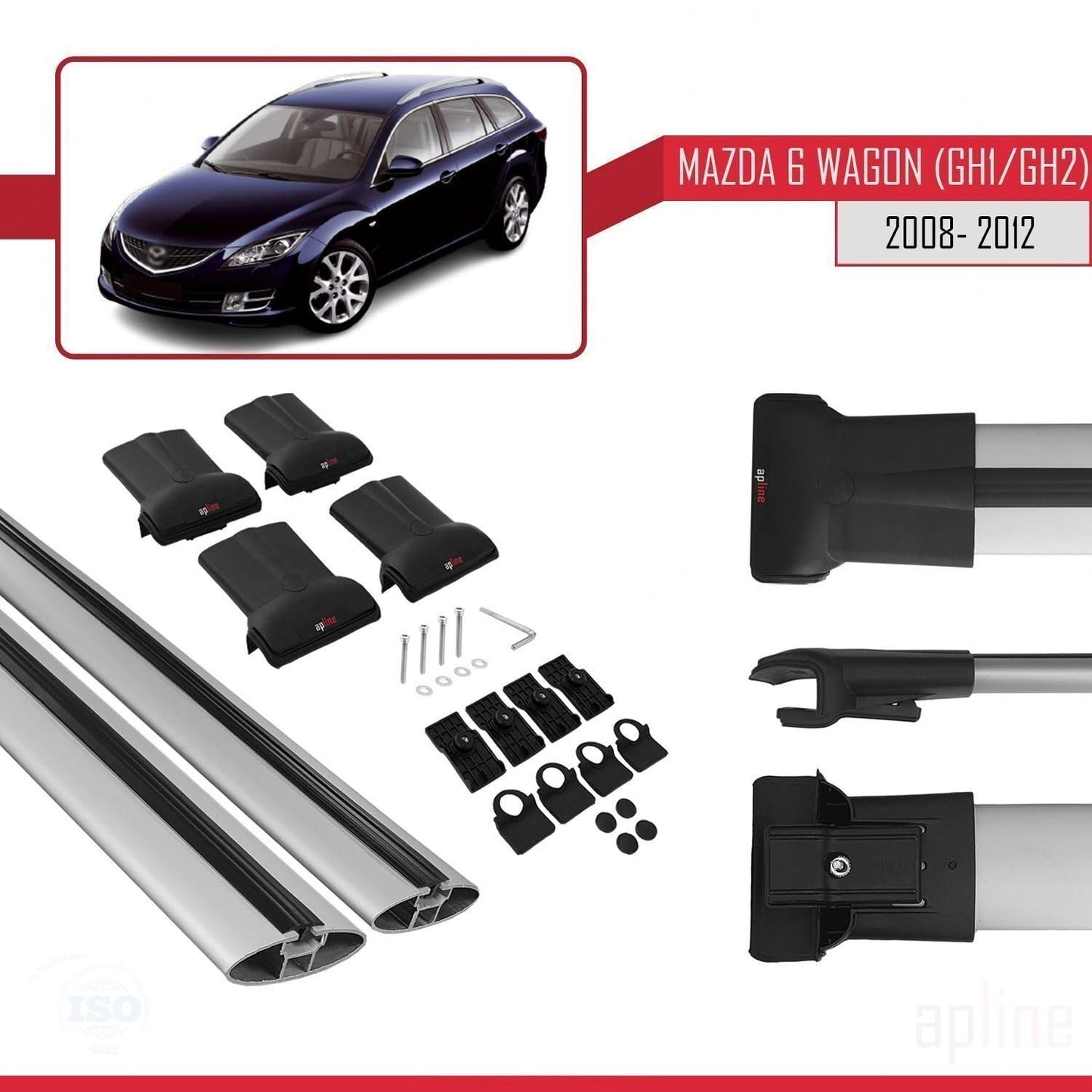 Compatible with Mazda 6 II (GZ) Wagon 2008-2012 Fly Model Car Roof Rack Cross Bar Grey Aluminium 2 Bars