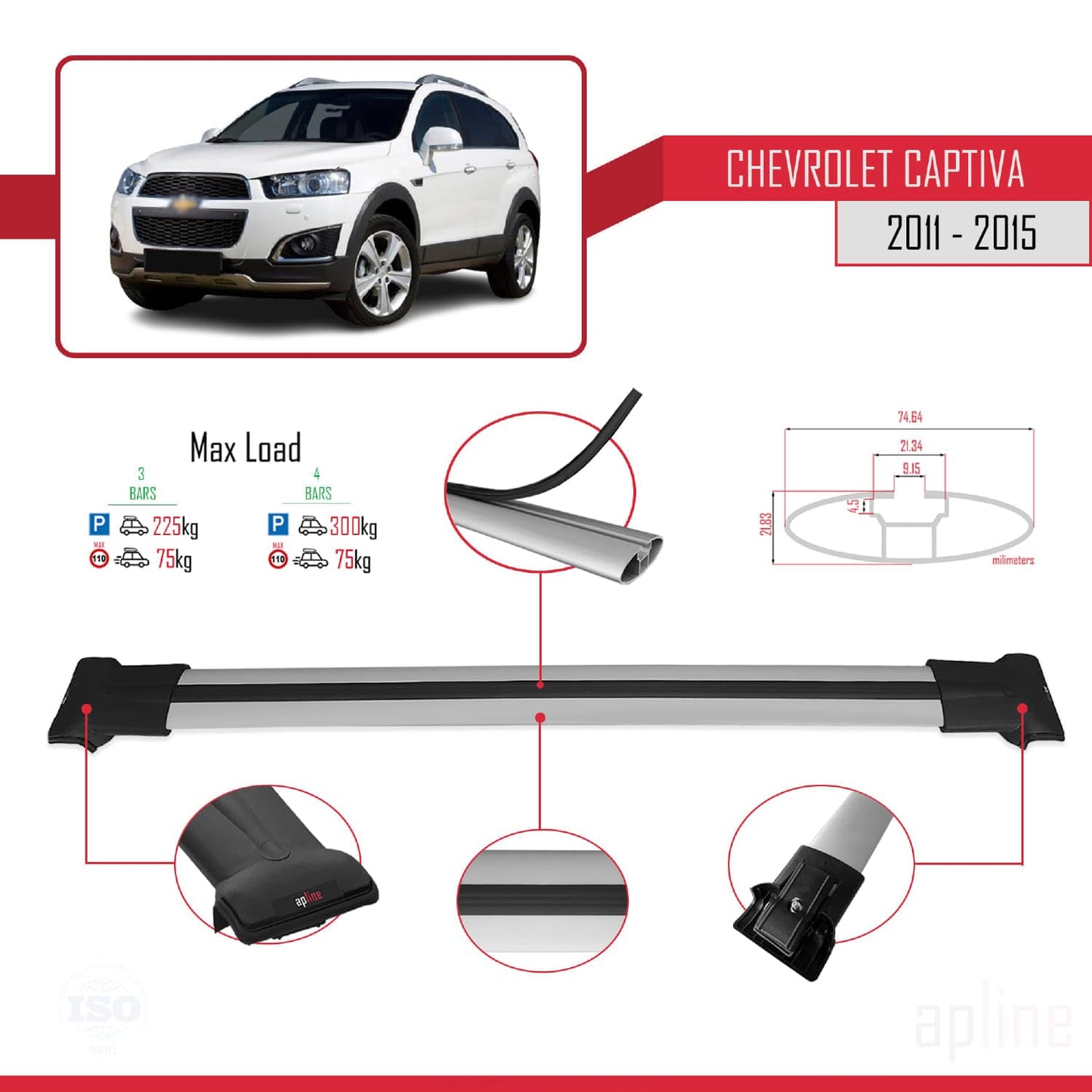 Compatible with Chevrolet Captiva 2011-2015 Fly Model Car Roof Rack Cross Bar Grey Aluminium 3 Bars