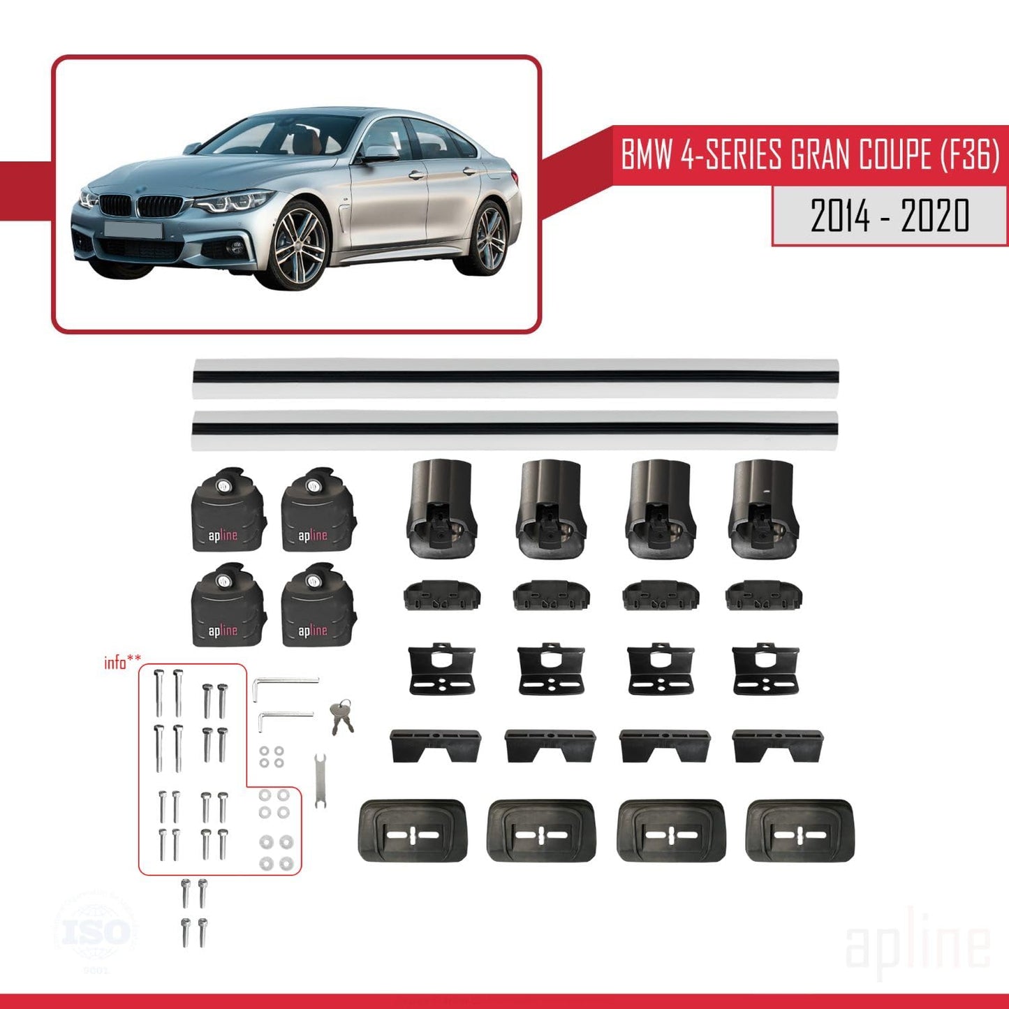 Compatible with BMW 4 Series Gran Coupe (F36) 2014-2020 ACE-3 Car Roof Rack Cross Bar Grey Aluminium 2 Bars
