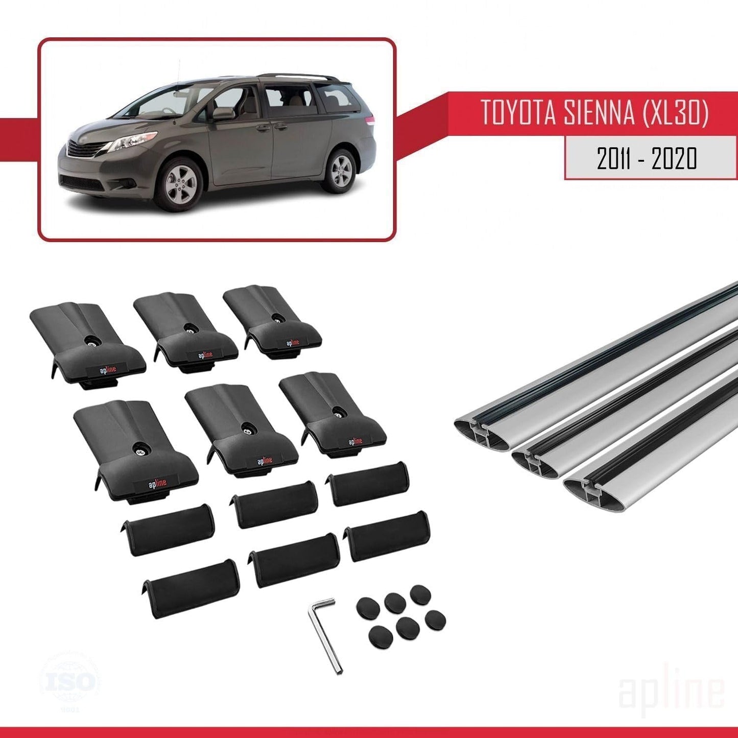 Compatible with Toyota Sienna 3 (XL30) 2011-2020 Fly Model Car Roof Rack Cross Bar Grey Aluminium 3 Bars