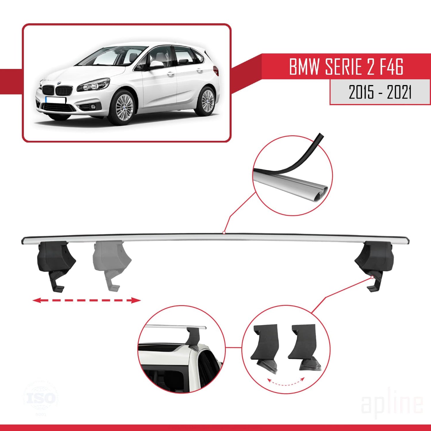 Compatible with BMW 2 Series (F46) Gran Tourer 2015-2021 ACE-4 Car Roof Rack Cross Bar Grey Aluminium 2 Bars