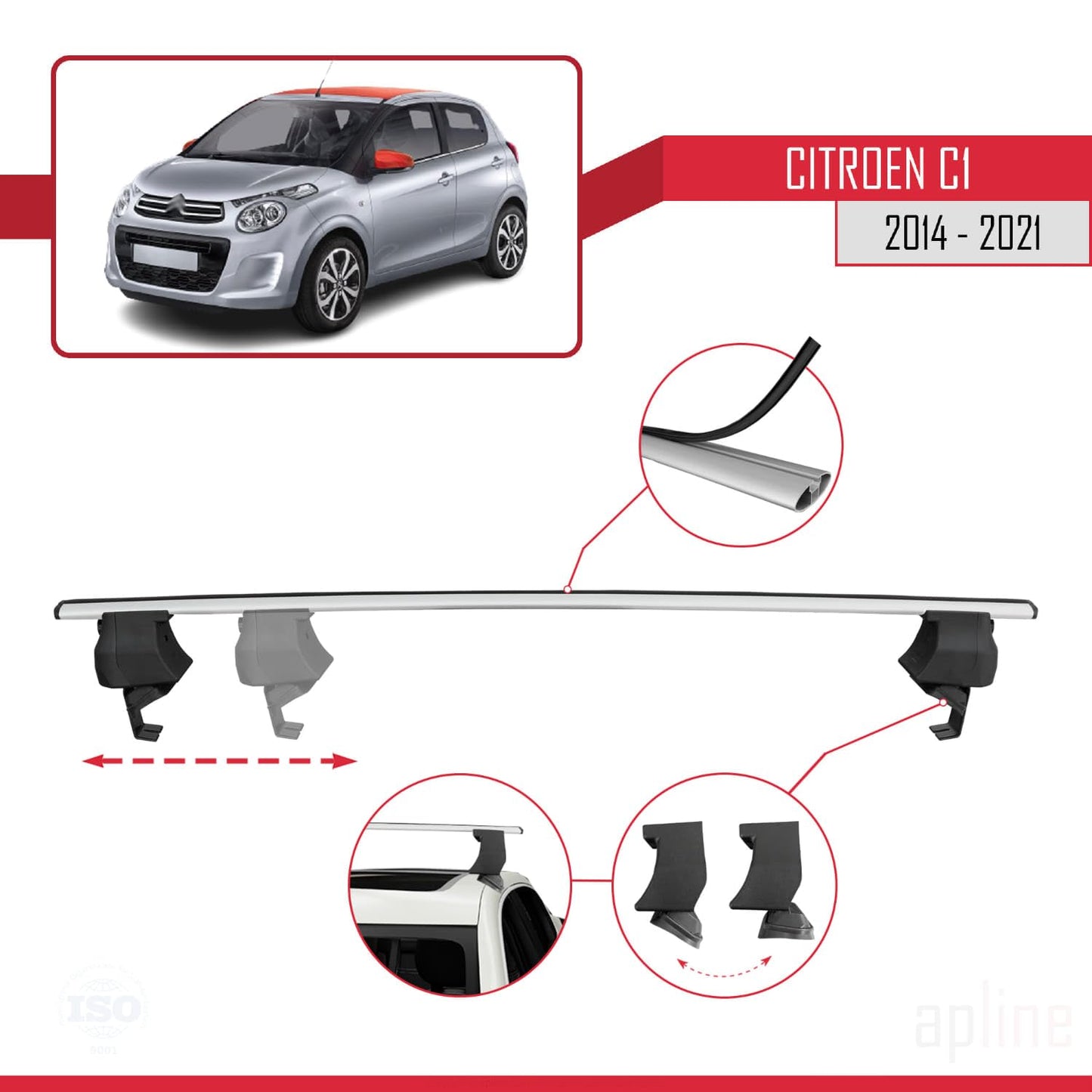 Compatible with Citroen C1 (AB40) 2014-2021 ACE-4 Car Roof Rack Cross Bar Grey Aluminium 2 Bars