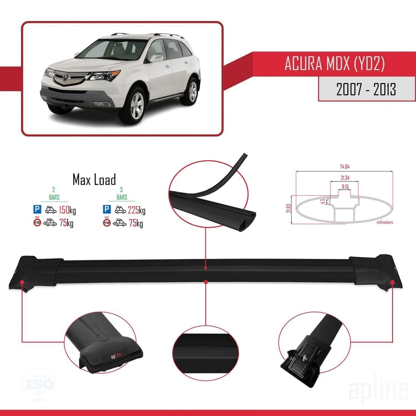 Compatible with Acura MDX (YD2) 2007-2013 Fly Model Car Roof Rack Cross Bar Black Aluminium 2 Bars