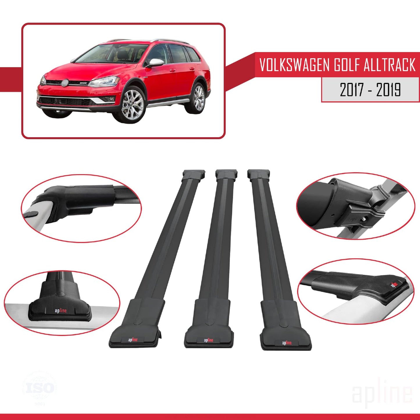 Compatible with VW Golf Alltrack Mk7 2017-2019 Fly Model Car Roof Rack Cross Bar Black Aluminium 3 Bars