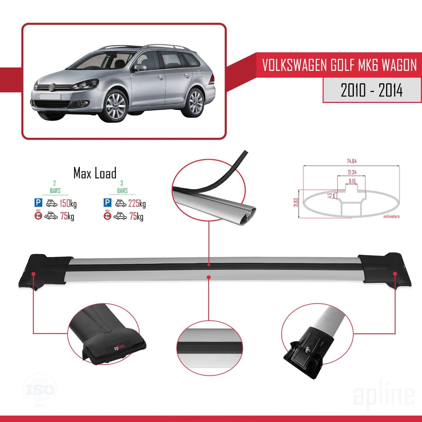 Compatible with VW Golf Mk6 Wagon 2010-2014 Fly Model Car Roof Rack Cross Bar Grey Aluminium 2 Bars