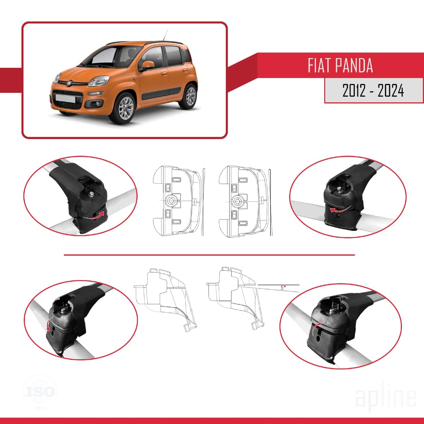 Compatible with Fiat Panda 3 (319) 2012-2024 ACE-2 Car Roof Rack Cross Bar Grey Aluminium 2 Bars