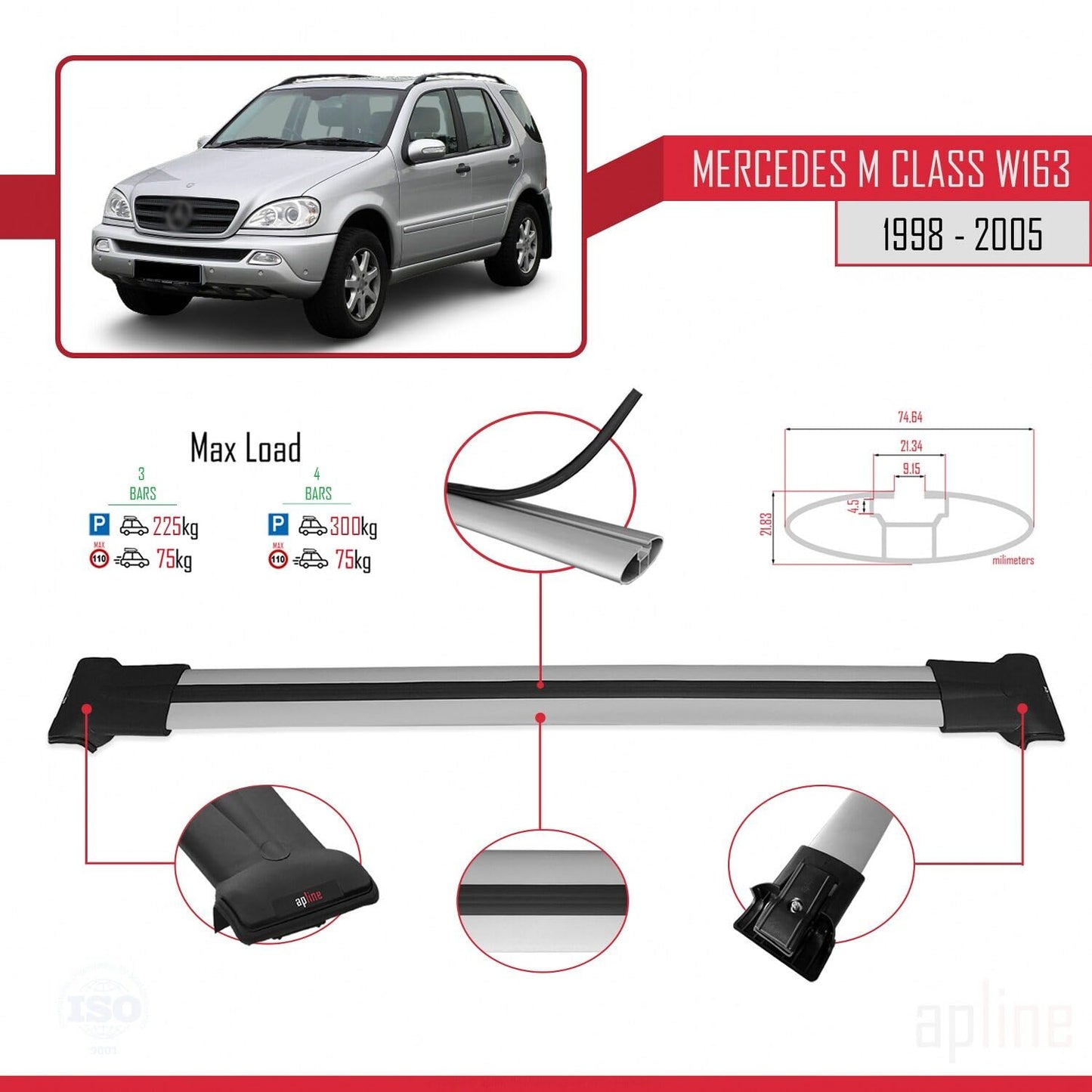 Compatible with Mercedes M Class (W163) 1998-2005 Fly Model Car Roof Rack Cross Bar Grey Aluminium 3 Bars