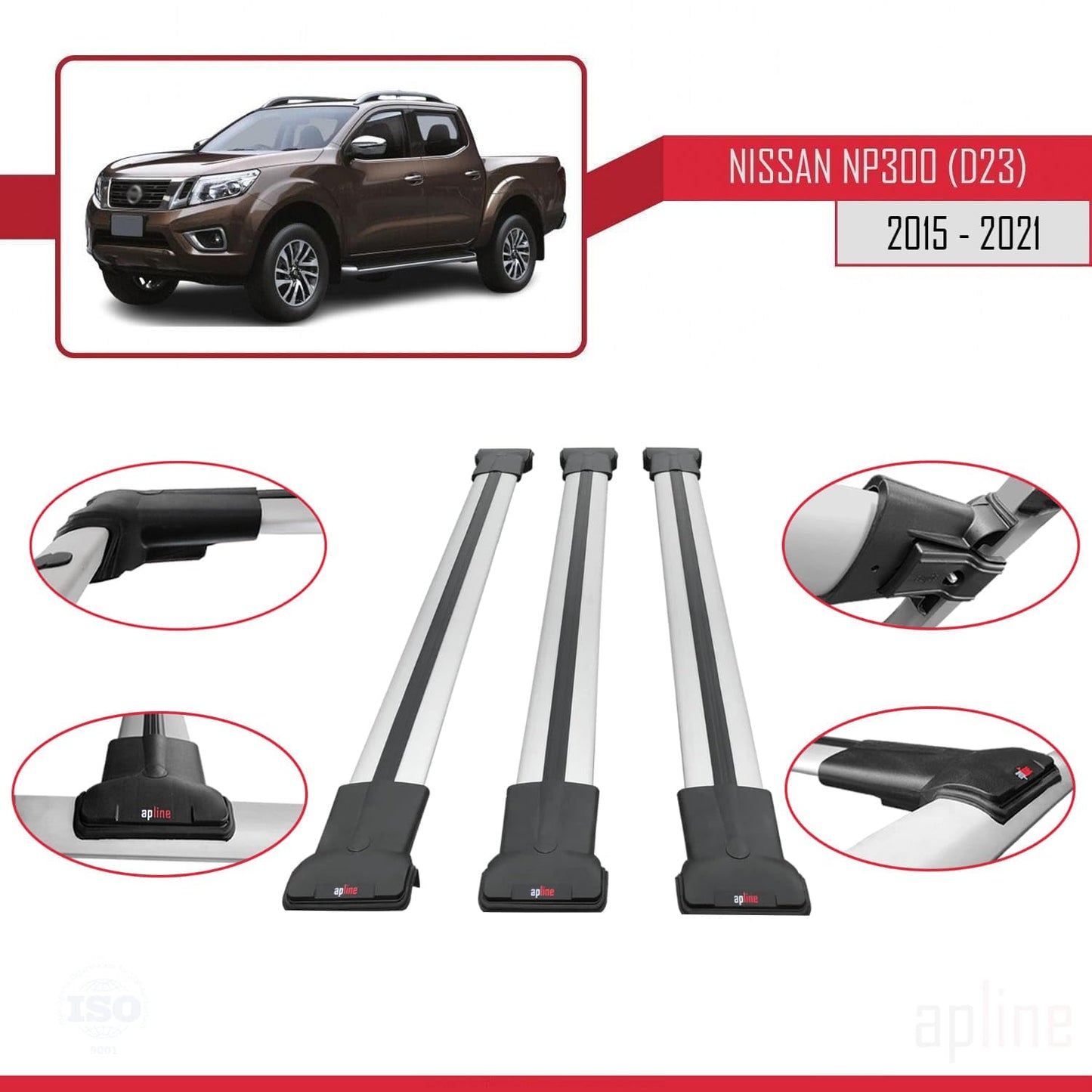 Compatible with Nissan NP300 (D23) 2015-2021 Fly Model Car Roof Rack Cross Bar Grey Aluminium 3 Bars