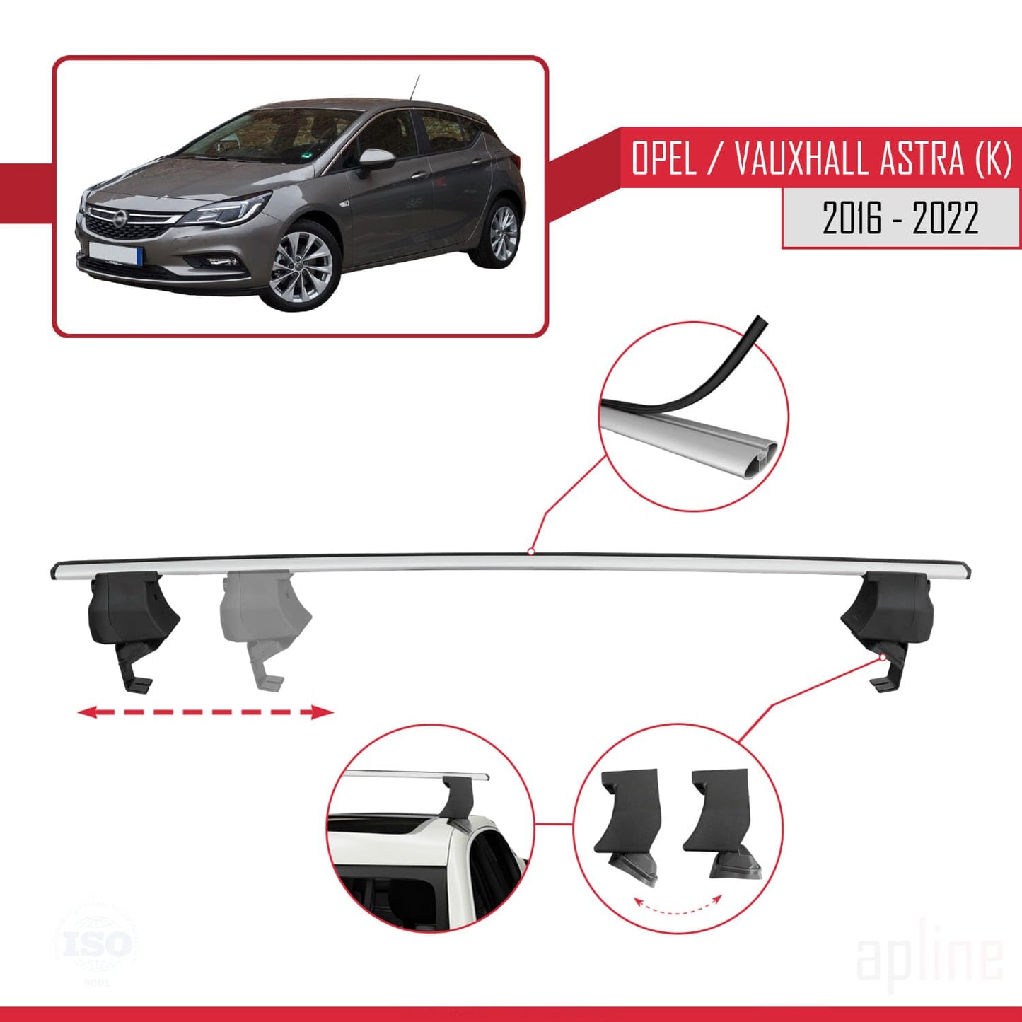 Compatible with Opel/Vauxhall Astra K 2016-2022 ACE-4 Car Roof Rack Cross Bar Grey Aluminium 2 Bars