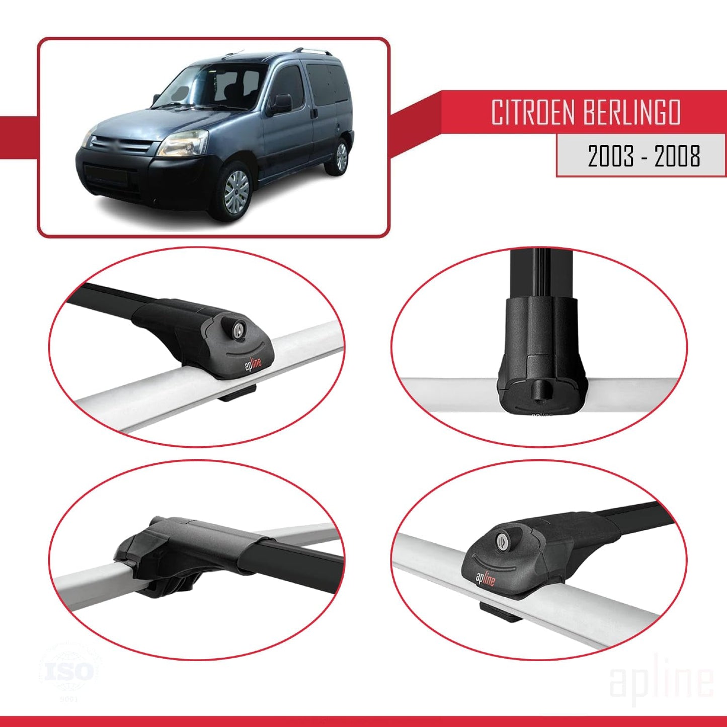 Compatible with Citroen Berlingo (M59) 2003-2008 ACE-1 Car Roof Rack Cross Bar Black Aluminium 3 Bars