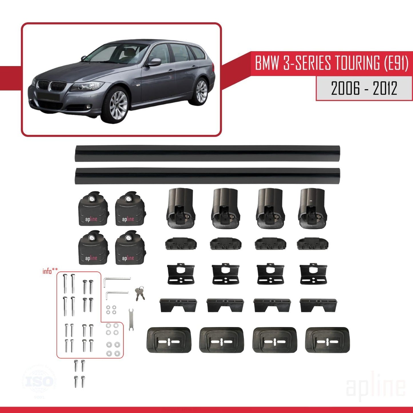 Compatible with BMW 3 Series Touring (E91) 2006-2012 ACE-3 Car Roof Rack Cross Bar Black Aluminium 2 Bars