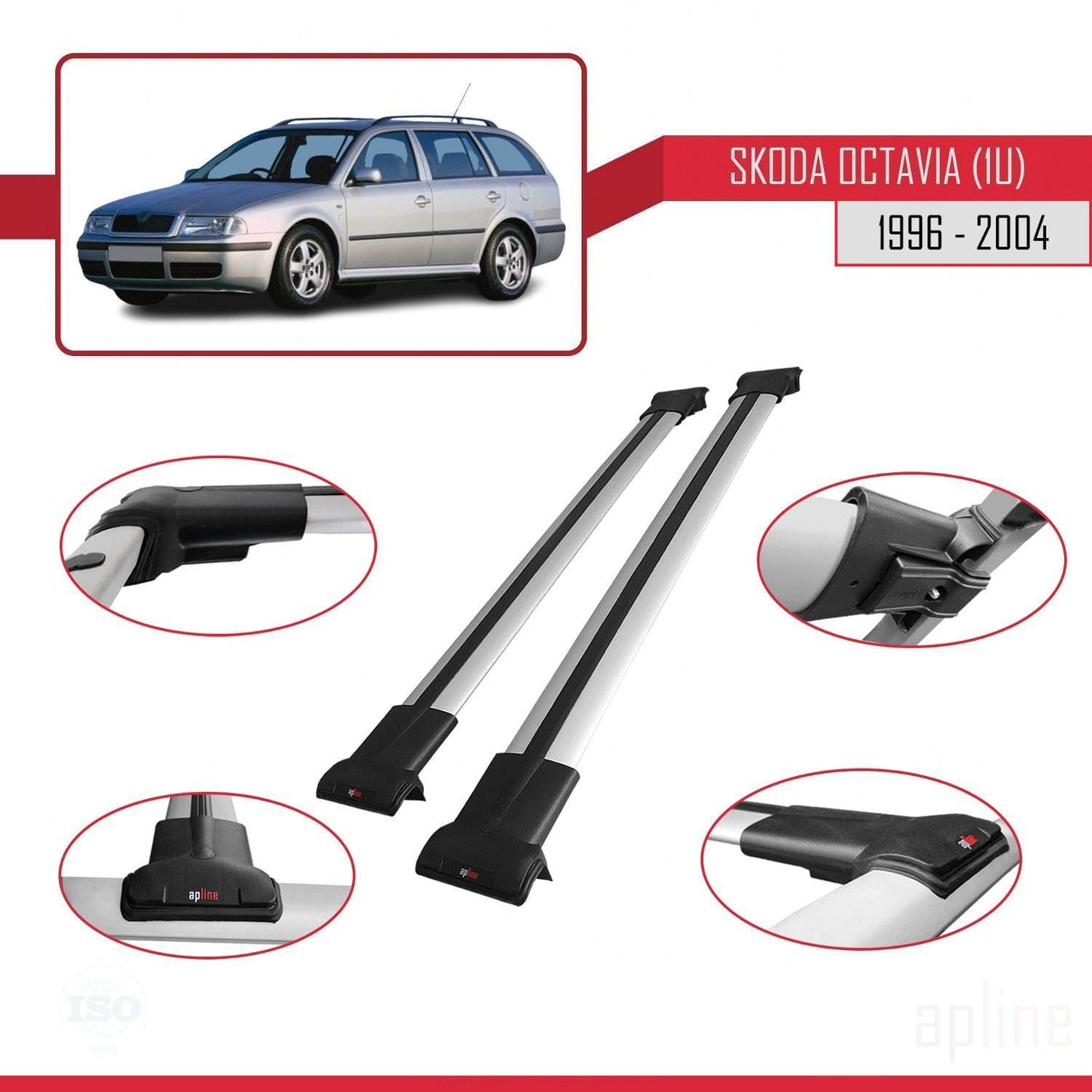Compatible with Skoda Octavia (1U) 1996-2004 Fly Model Car Roof Rack Cross Bar Grey Aluminium 2 Bars