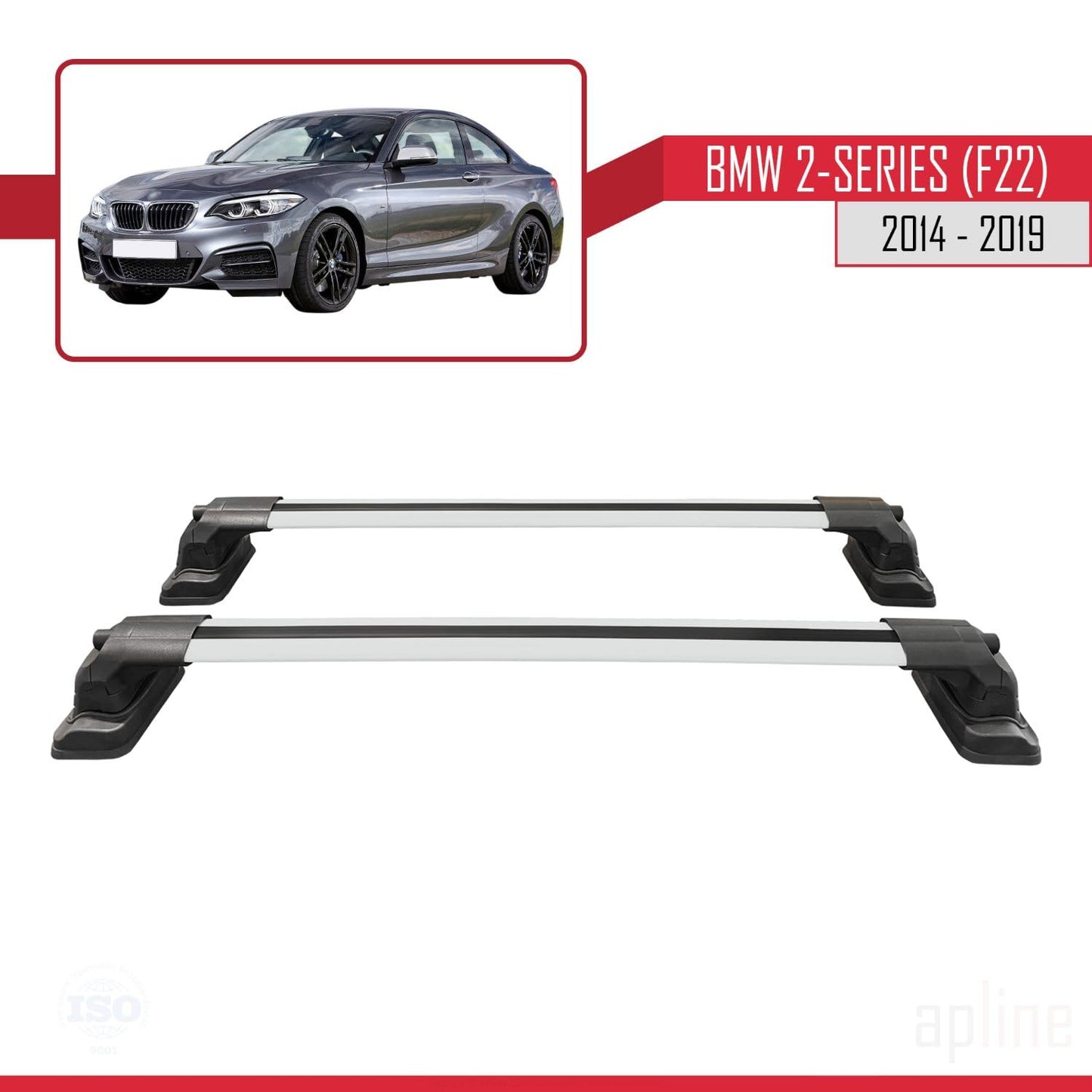 Compatible with BMW 2 Series (F22) 2014-2019 ACE-3 Car Roof Rack Cross Bar Grey Aluminium 2 Bars