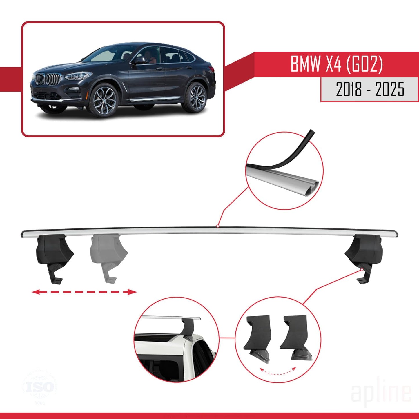 Compatible with BMW X4 (G02) 2018-2025 ACE-4 Car Roof Rack Cross Bar Grey Aluminium 2 Bars