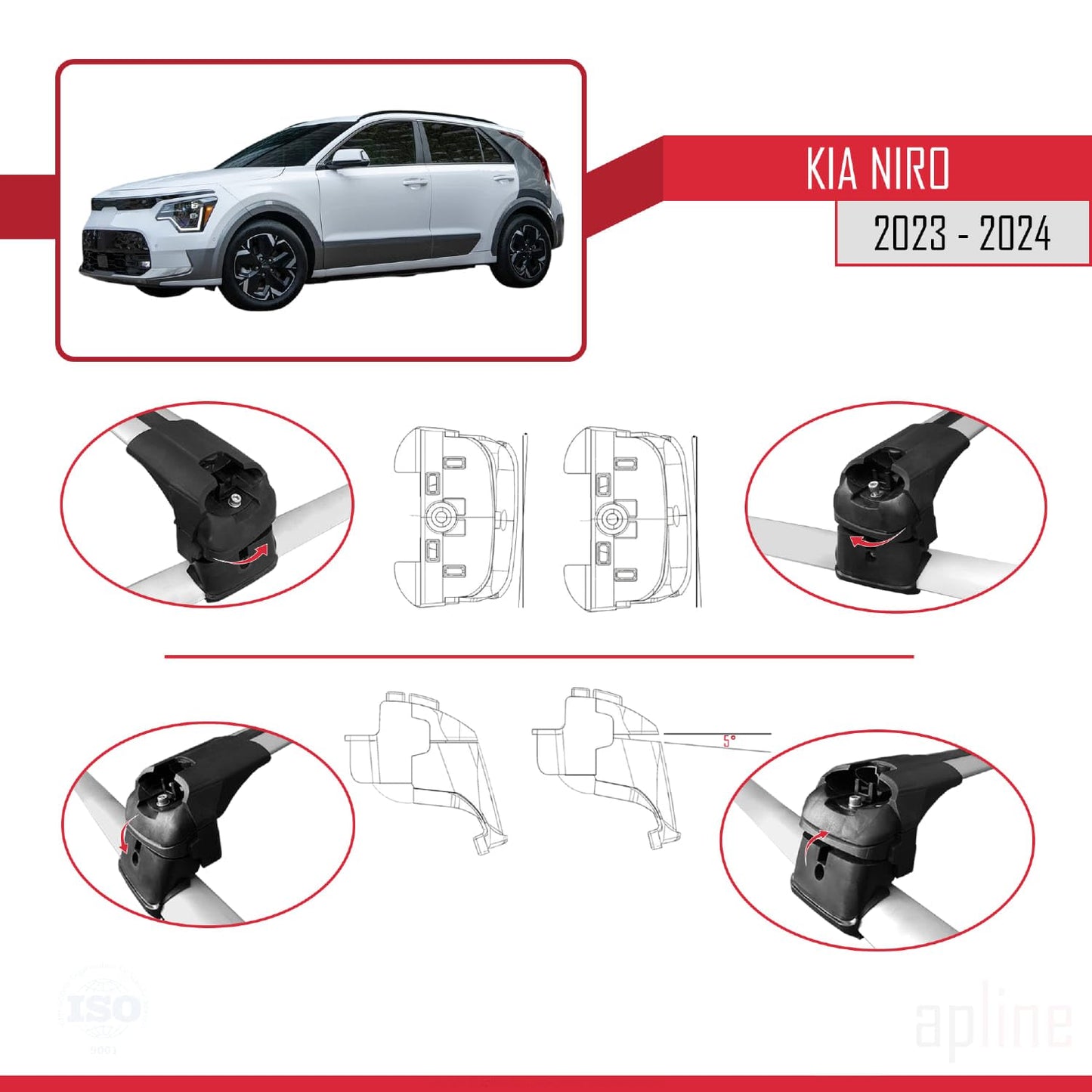 Compatible with Kia NIRO 2023-2024 ACE-2 Car Roof Rack Cross Bar Grey Aluminium 2 Bars