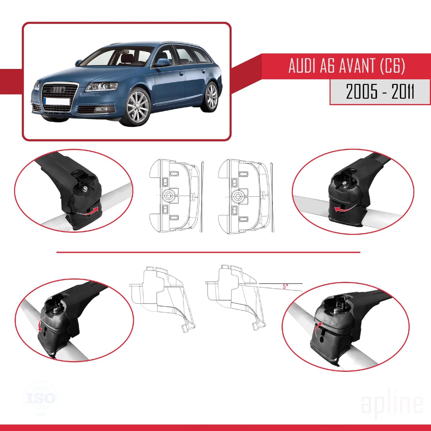 Compatible with Audi A6 (C6) Avant 2005-2011 ACE-2 Car Roof Rack Cross Bar Black Aluminium 2 Bars
