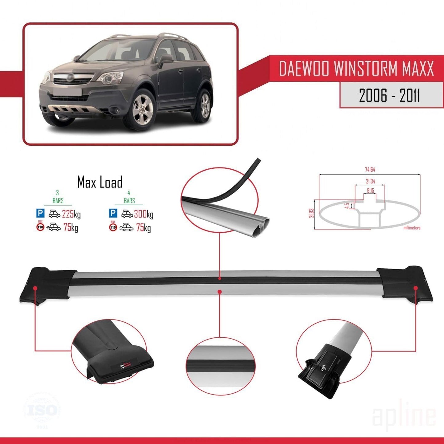 Compatible with Daewoo Winstorm MaXX 2006-2011 Fly Model Car Roof Rack Cross Bar Grey Aluminium 3 Bars