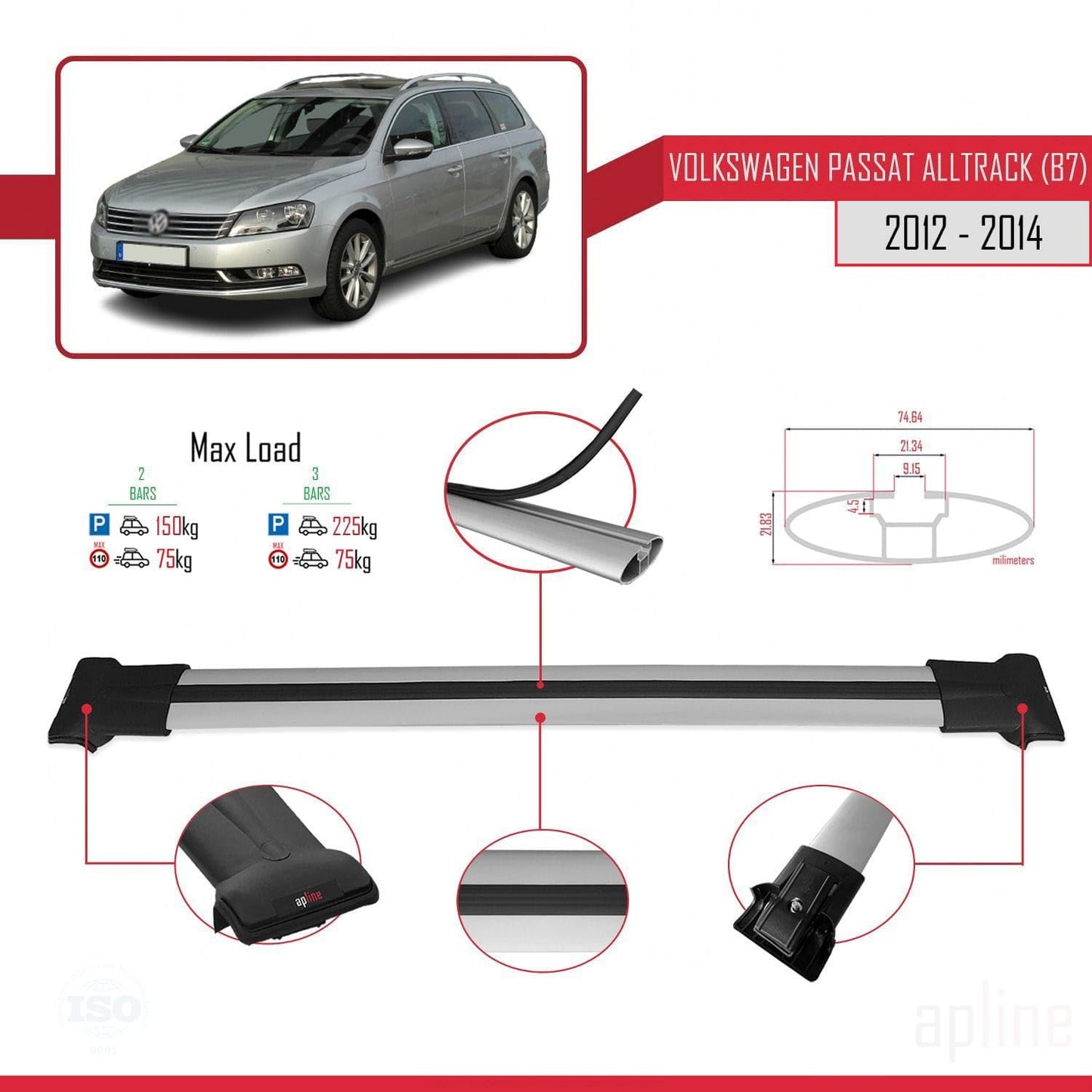 Compatible with Volkswagen Passat B7 (3C) Alltrack 2012-2014 Fly Model Car Roof Rack Cross Bar Grey Aluminium 2 Bars