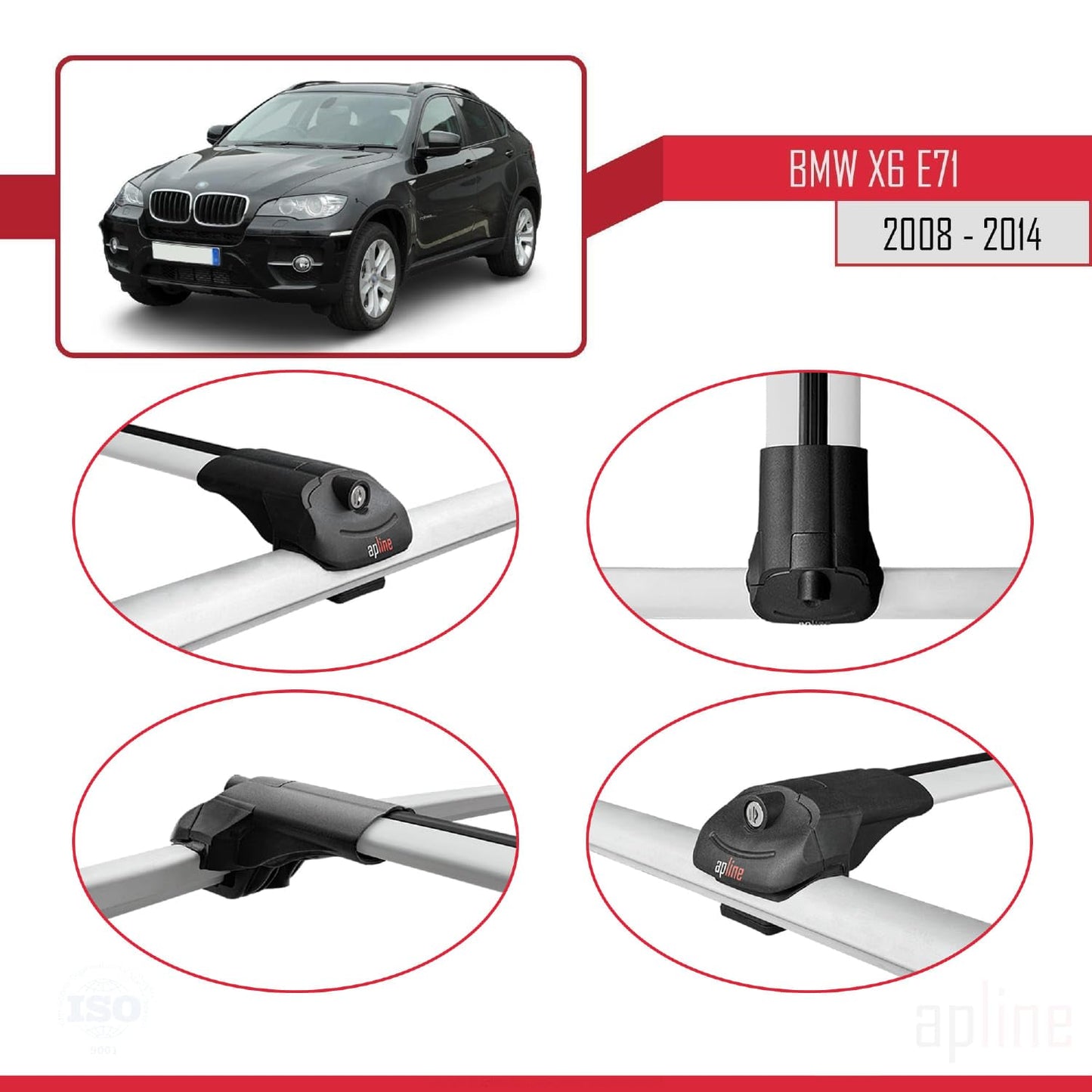 Compatible with BMW X6 (E71) 2008-2014 ACE-1 Car Roof Rack Cross Bar Grey Aluminium 2 Bars