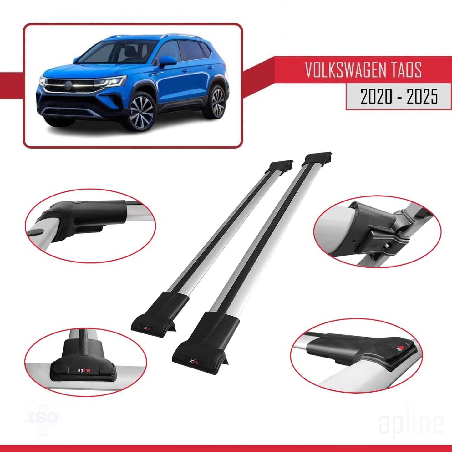 Compatible with Volkswagen Taos 2021-2025 Fly Model Car Roof Rack Cross Bar Grey Aluminium 2 Bars