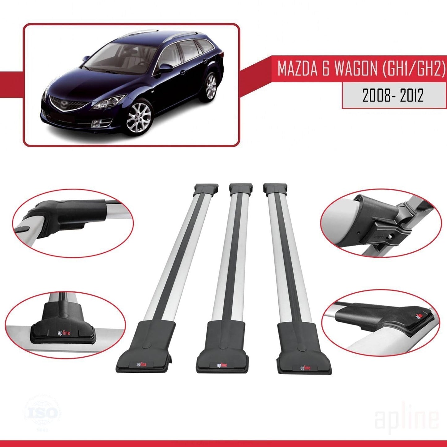 Compatible with Mazda 6 II (GZ) Wagon 2008-2012 Fly Model Car Roof Rack Cross Bar Grey Aluminium 3 Bars