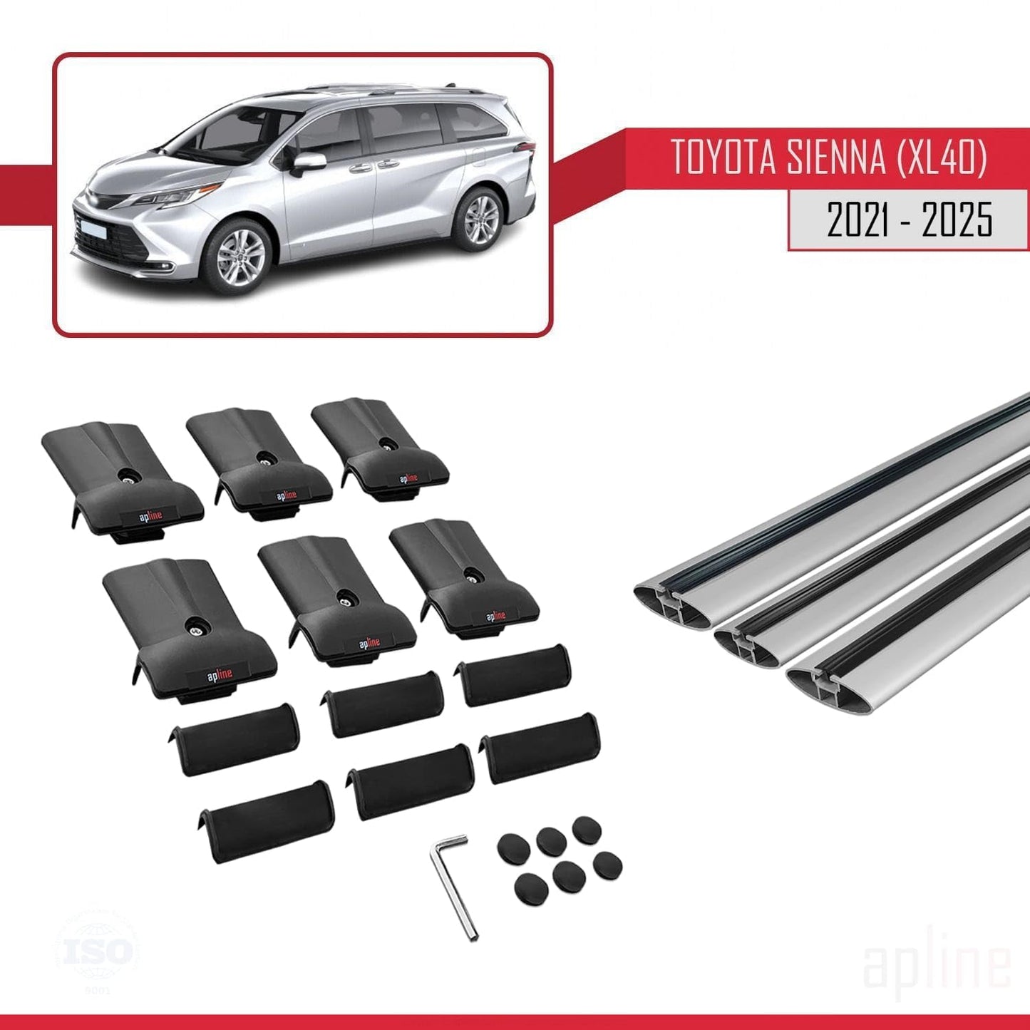 Compatible with Toyota Sienna 4 (XL40) 2021-2025 Fly Model Car Roof Rack Cross Bar Grey Aluminium 3 Bars