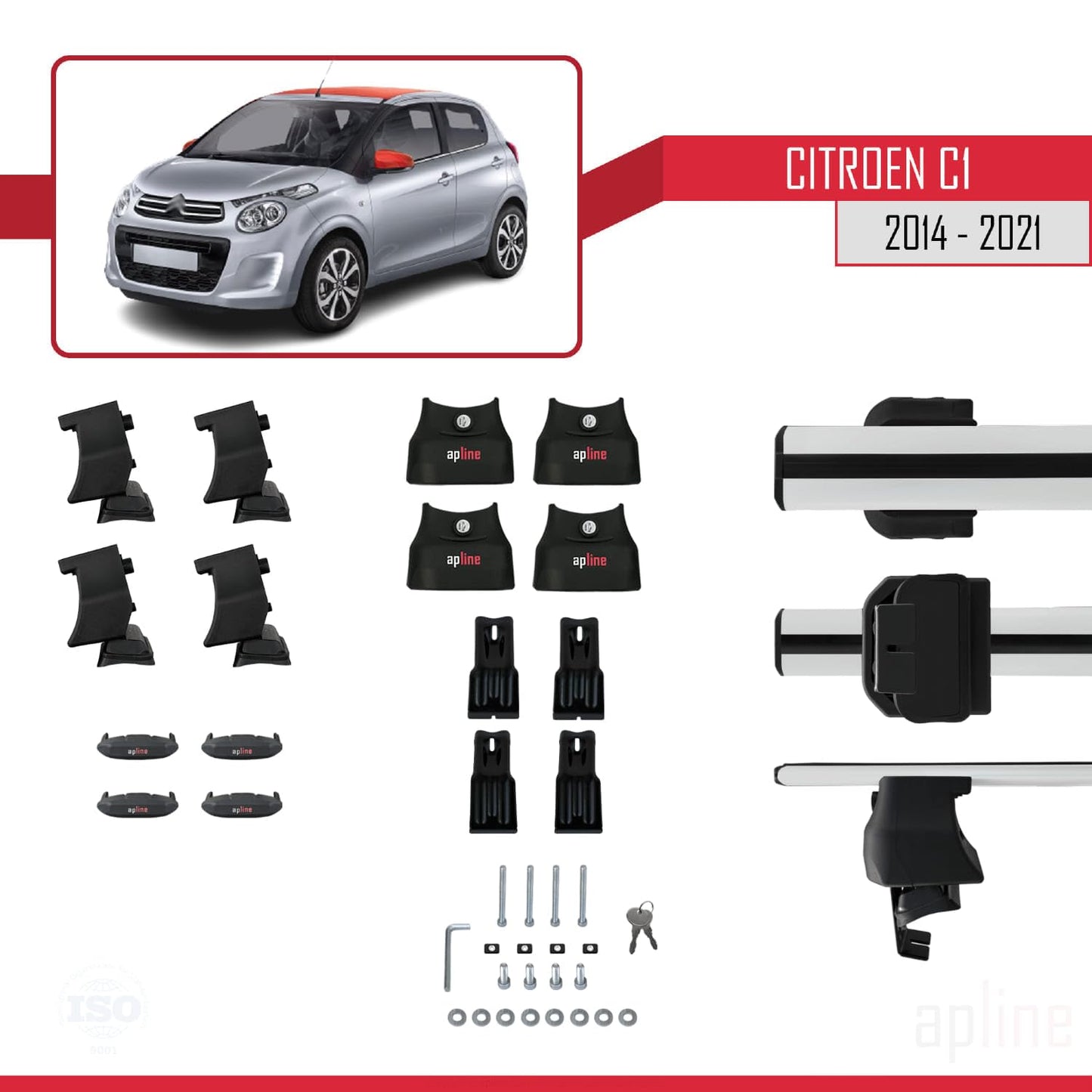 Compatible with Citroen C1 (AB40) 2014-2021 ACE-4 Car Roof Rack Cross Bar Grey Aluminium 2 Bars