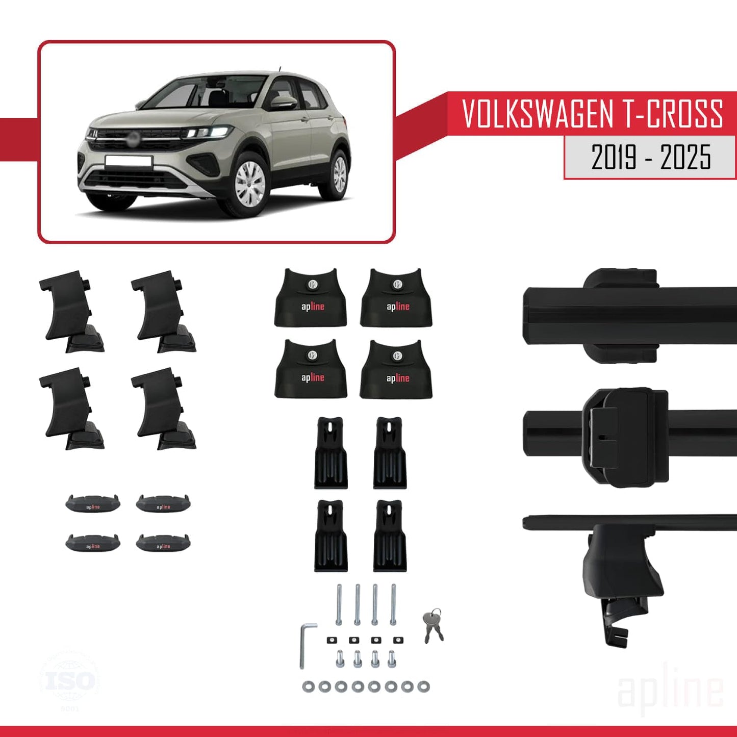 Compatible with Volkswagen T-Cross (C11) 2019-2025 ACE-4 Car Roof Rack Cross Bar Black Aluminium 2 Bars