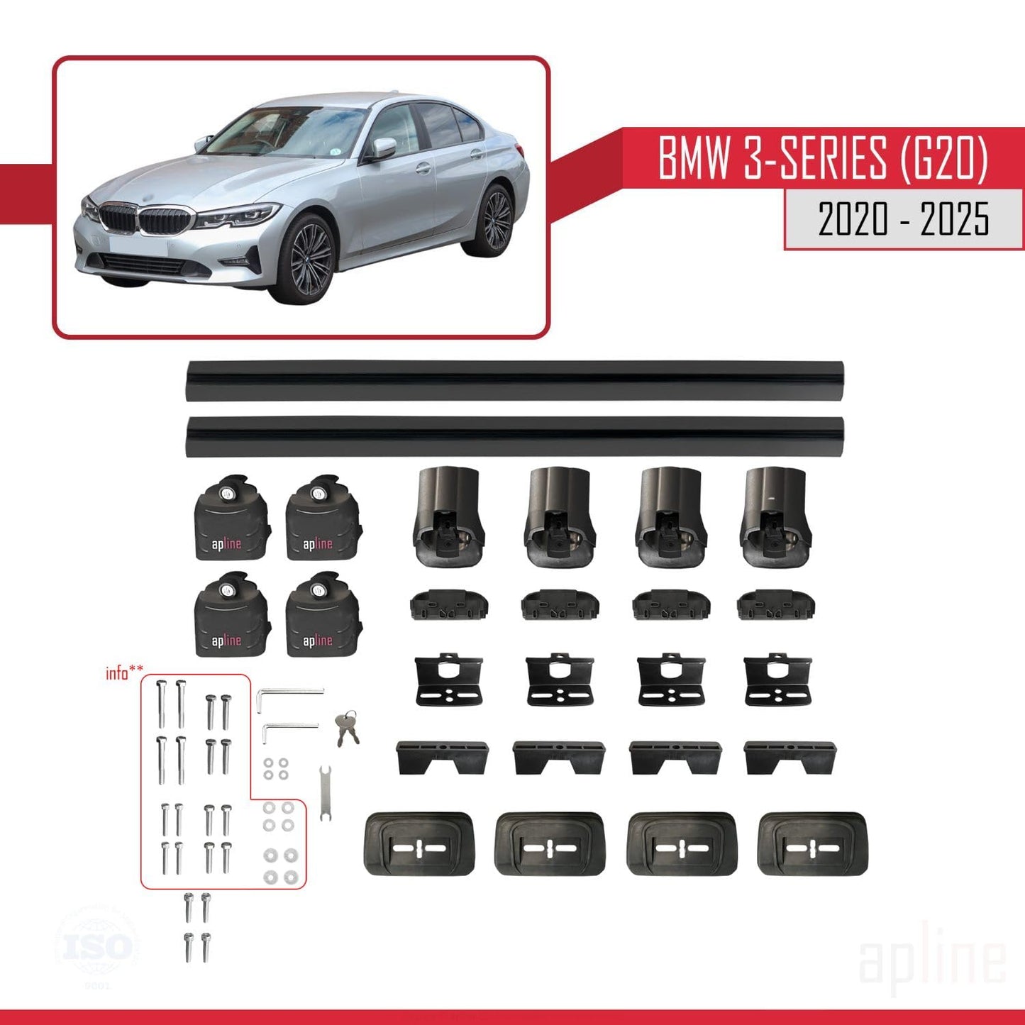 Compatible with BMW 3 Series (G20) 2020-2025 ACE-3 Car Roof Rack Cross Bar Black Aluminium 2 Bars